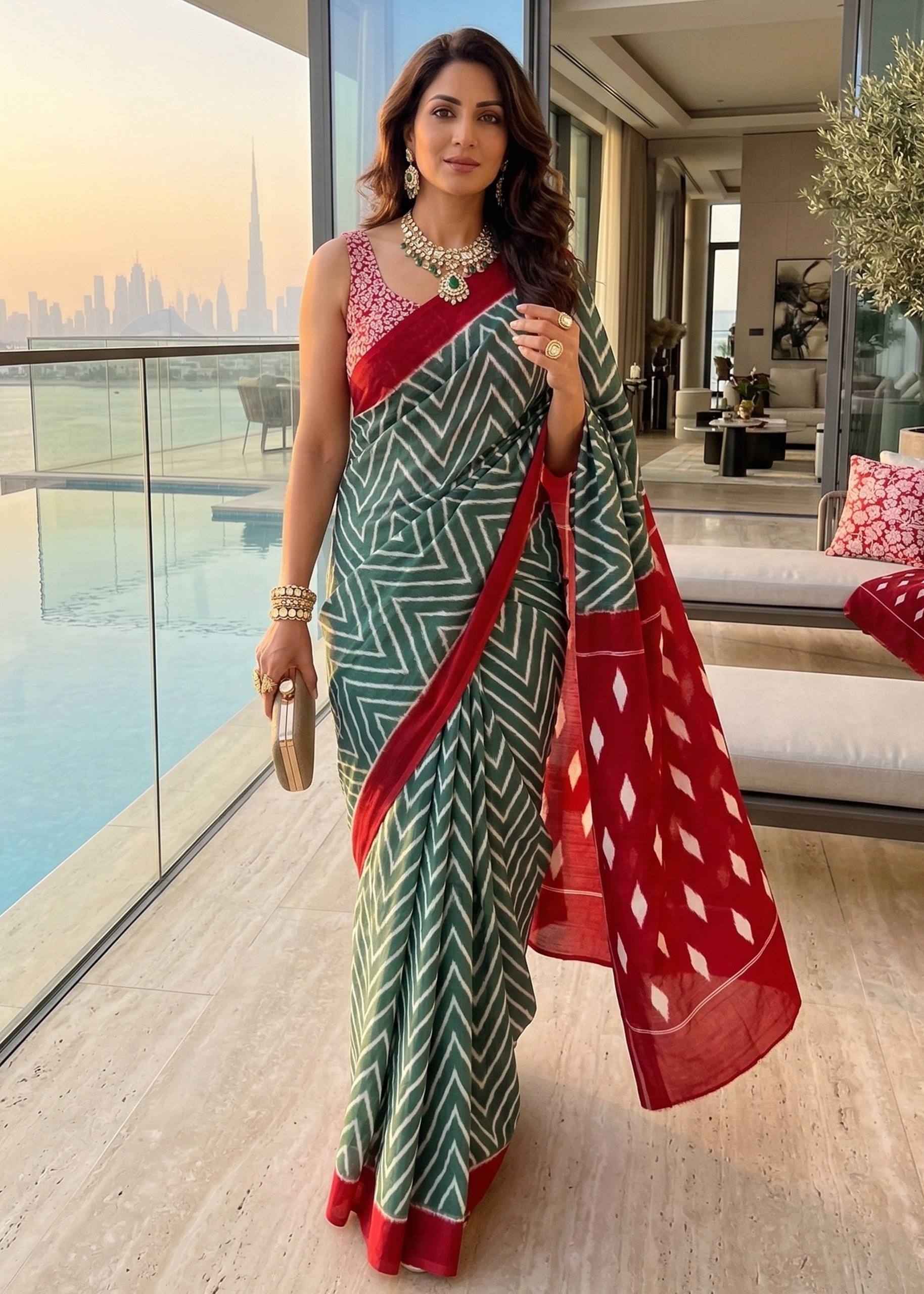 PURE SOFT MULMUL COTTON HAND BLOCK PRINT GREEN SAREE WITH BLOUSE