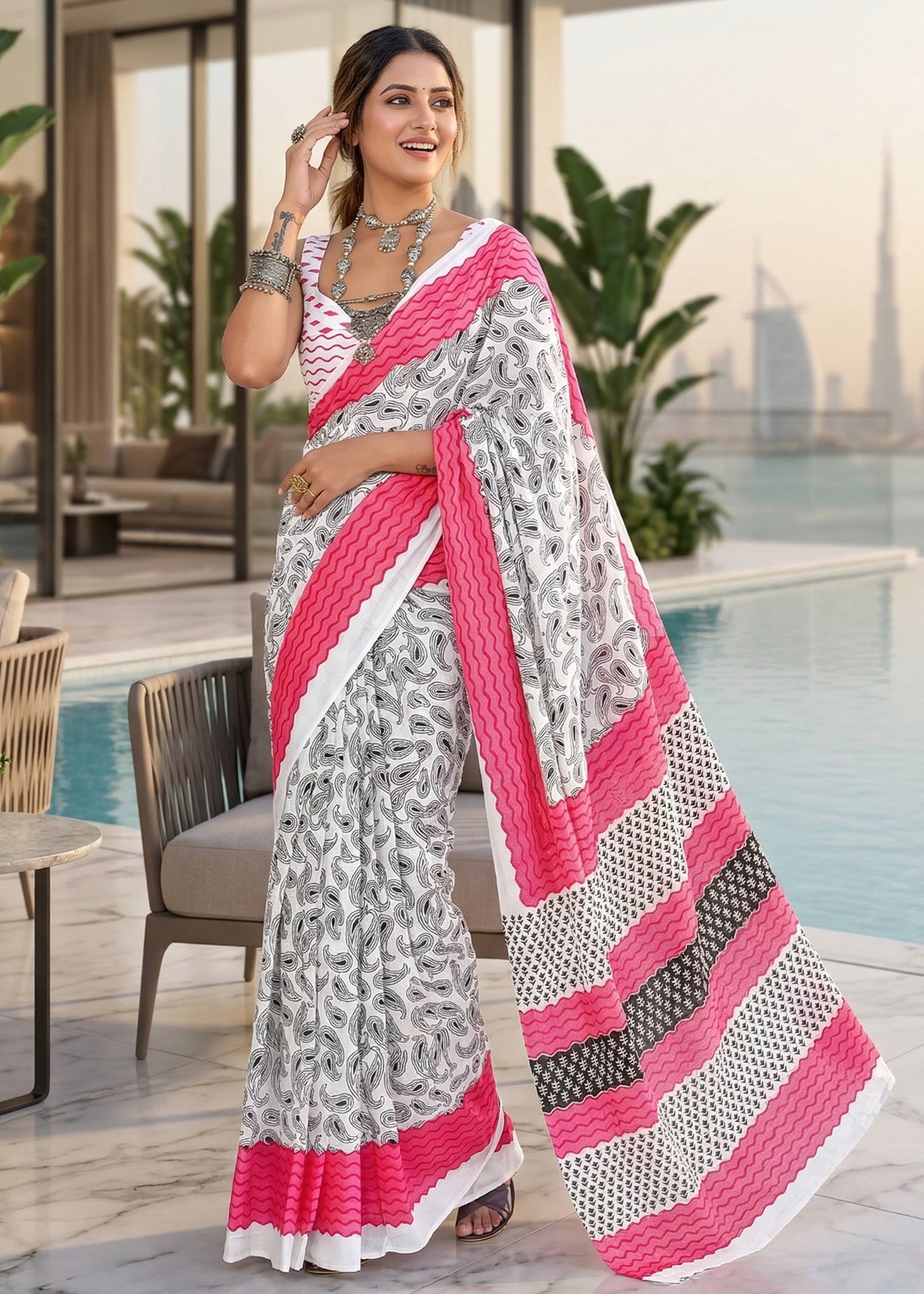 PURE SOFT MULMUL COTTON HAND BLOCK PRINT WHITE AND PINK SAREE WITH BLOUSE