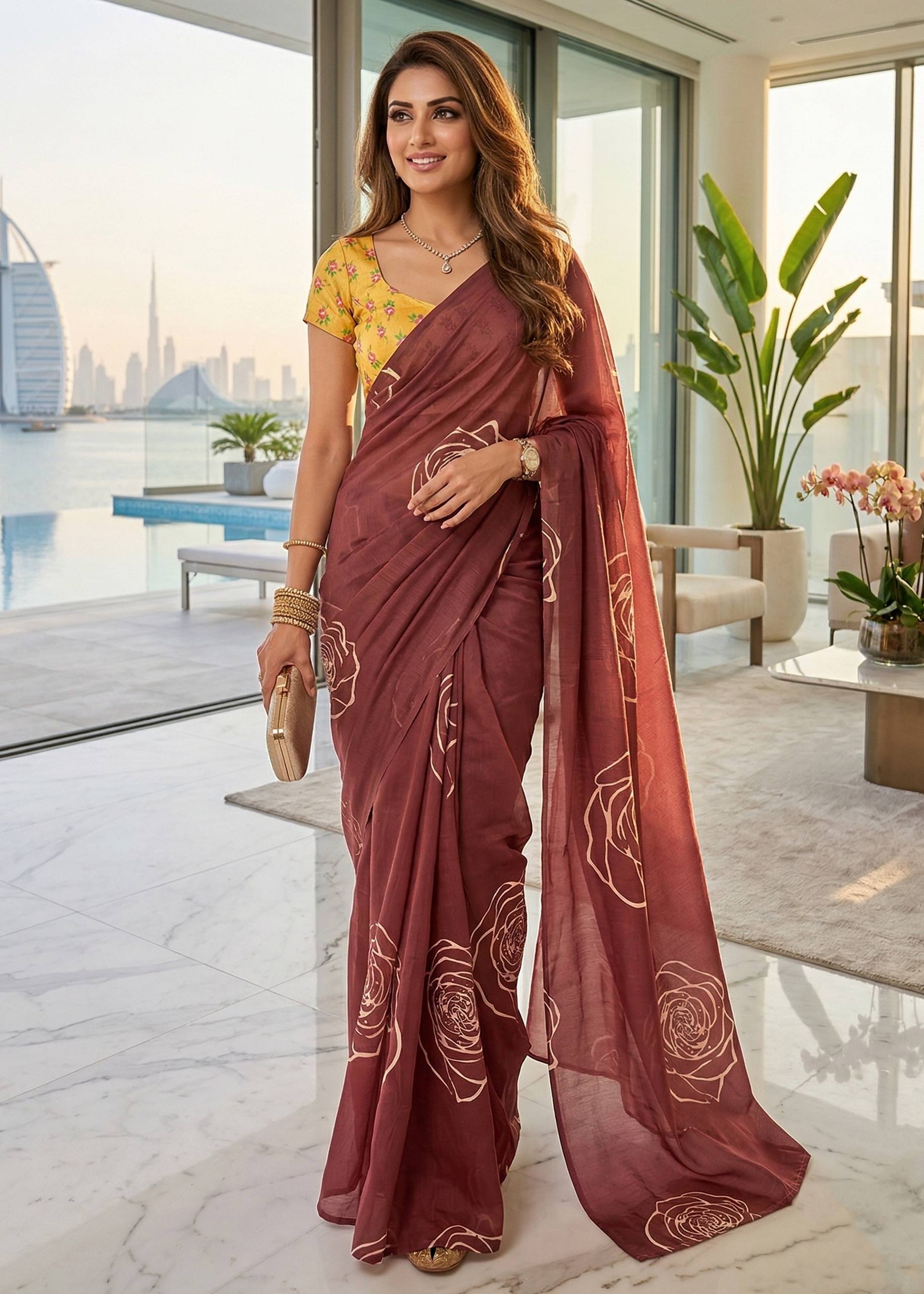 PURE SOFT MULMUL COTTON HAND BLOCK PRINT BROWN SAREE WITH BLOUSE