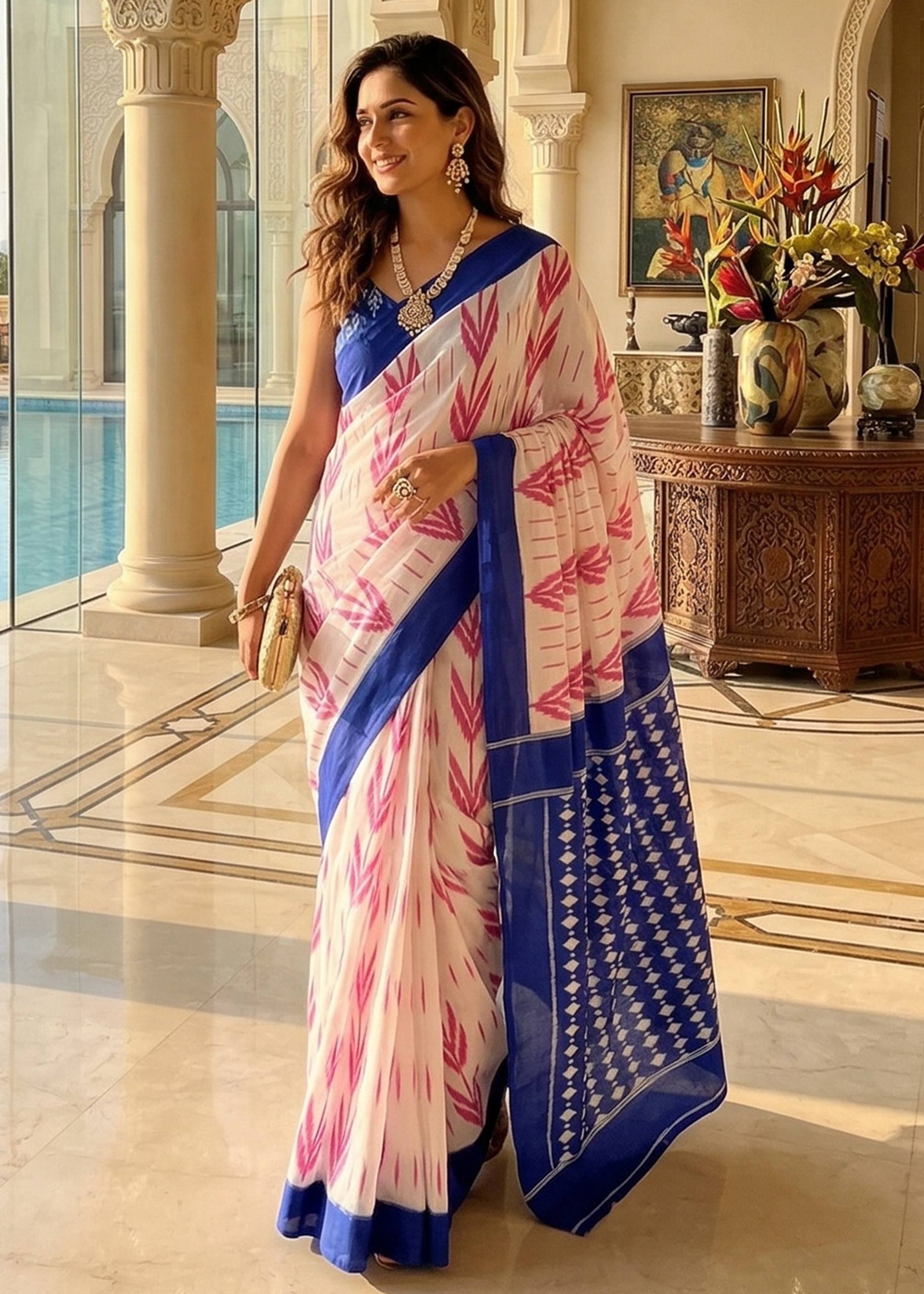 PURE SOFT MULMUL COTTON HAND BLOCK PRINT PINK AND BLUE SAREE WITH BLOUSE