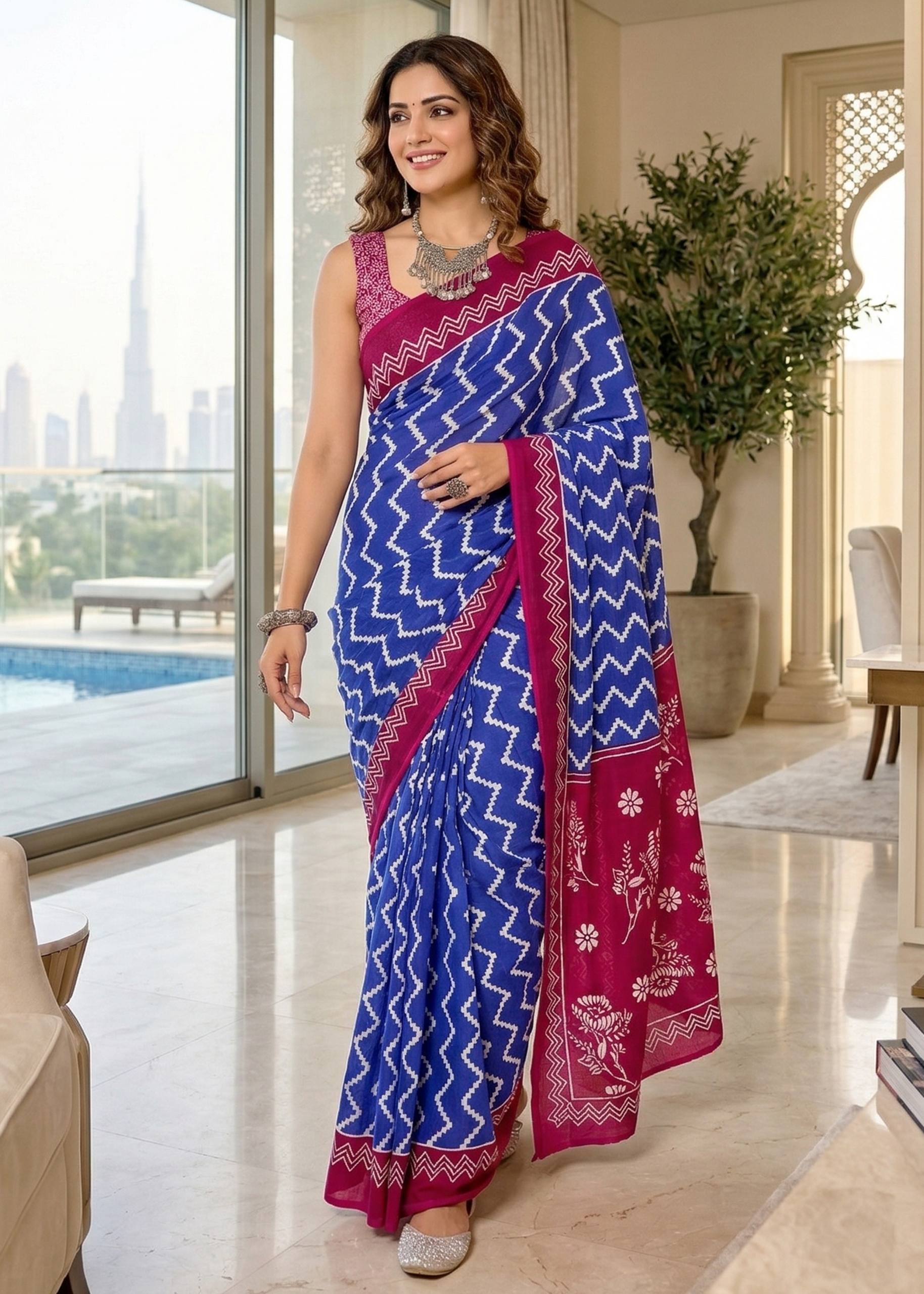 PURE SOFT MULMUL COTTON HAND BLOCK PRINT BLUE SAREE WITH BLOUSE