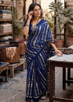 PURE MULMUL COTTON MODERN GEOMETRIC BATIK PRINT BLUE SAREE WITH BLOUSE