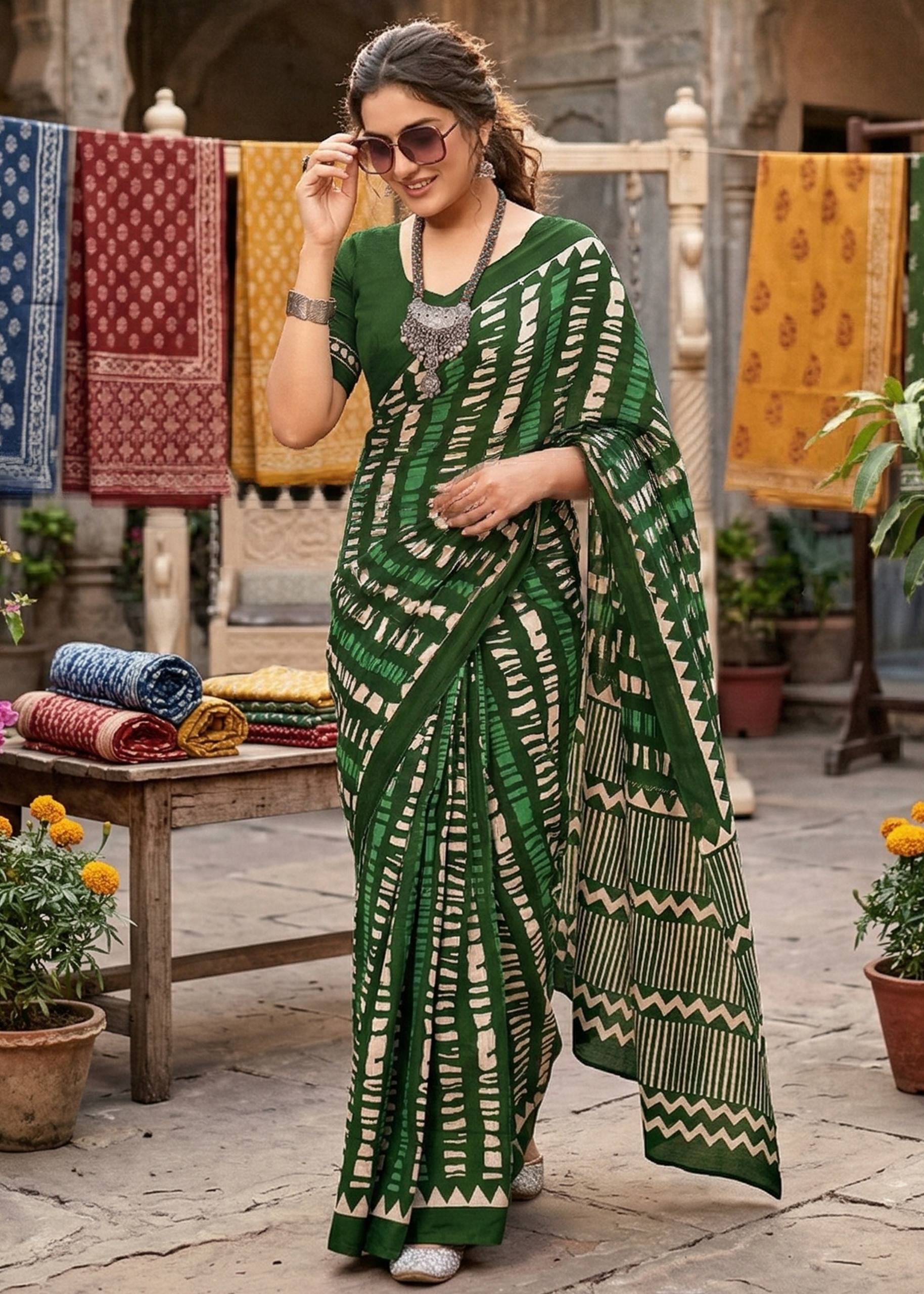 PURE MULMUL COTTON MODERN GEOMETRIC BATIK PRINT GREEN SAREE WITH BLOUSE