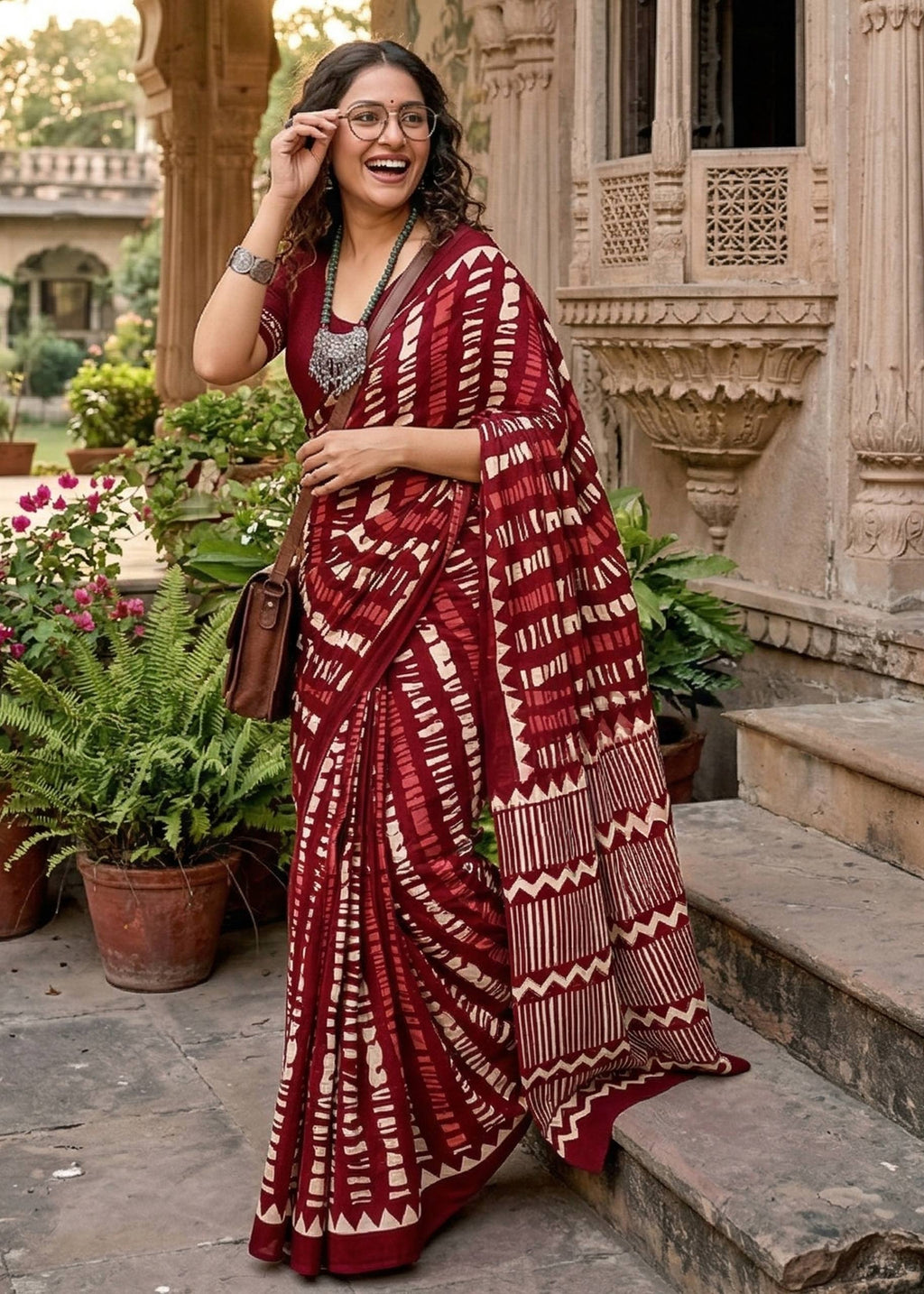 PURE MULMUL COTTON MODERN GEOMETRIC BATIK PRINT MAROON SAREE WITH BLOUSE