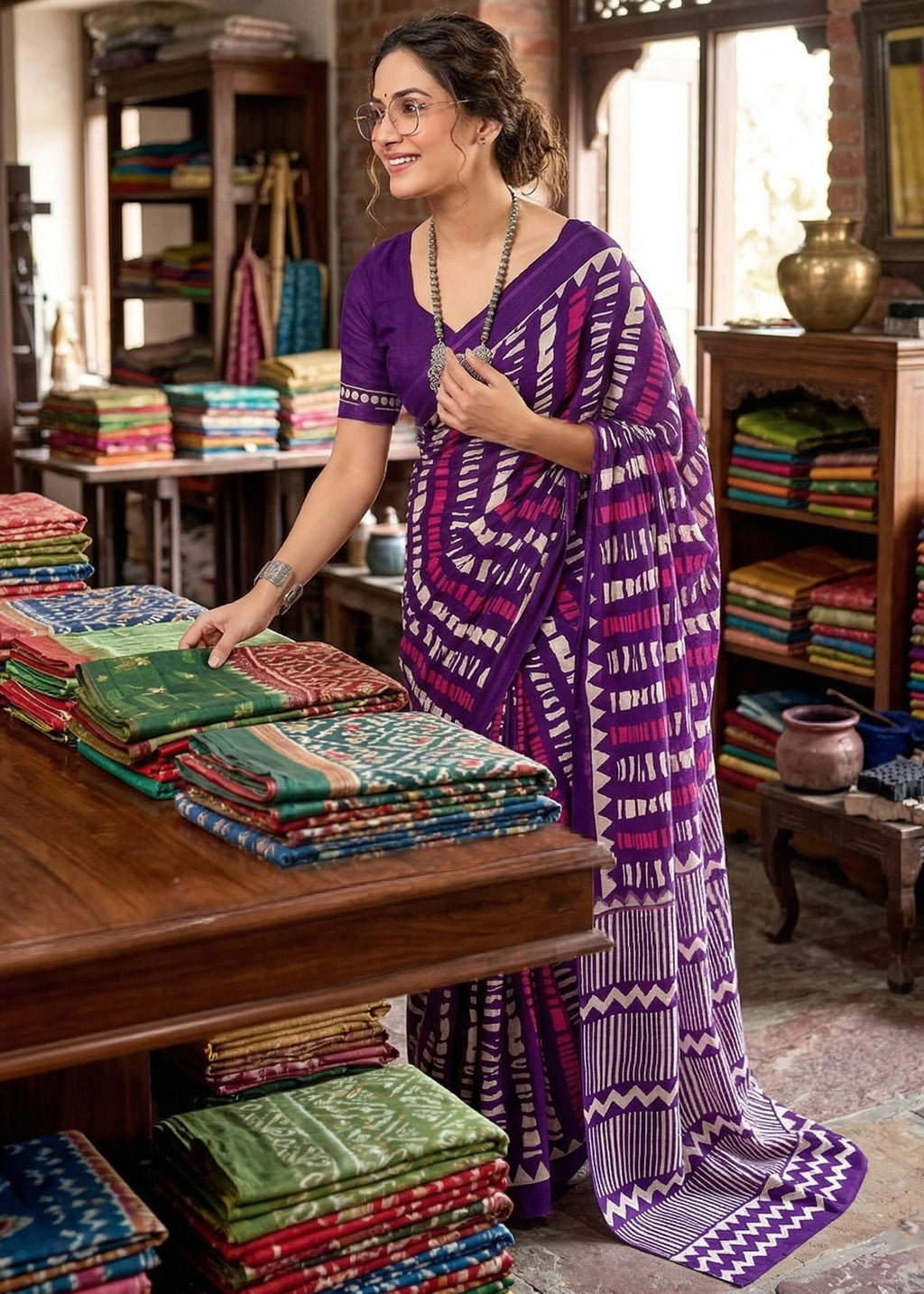 PURE MULMUL COTTON MODERN GEOMETRIC BATIK PRINT PURPLE SAREE WITH BLOUSE