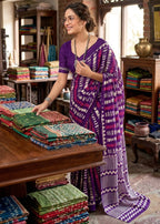 PURE MULMUL COTTON MODERN GEOMETRIC BATIK PRINT PURPLE SAREE WITH BLOUSE