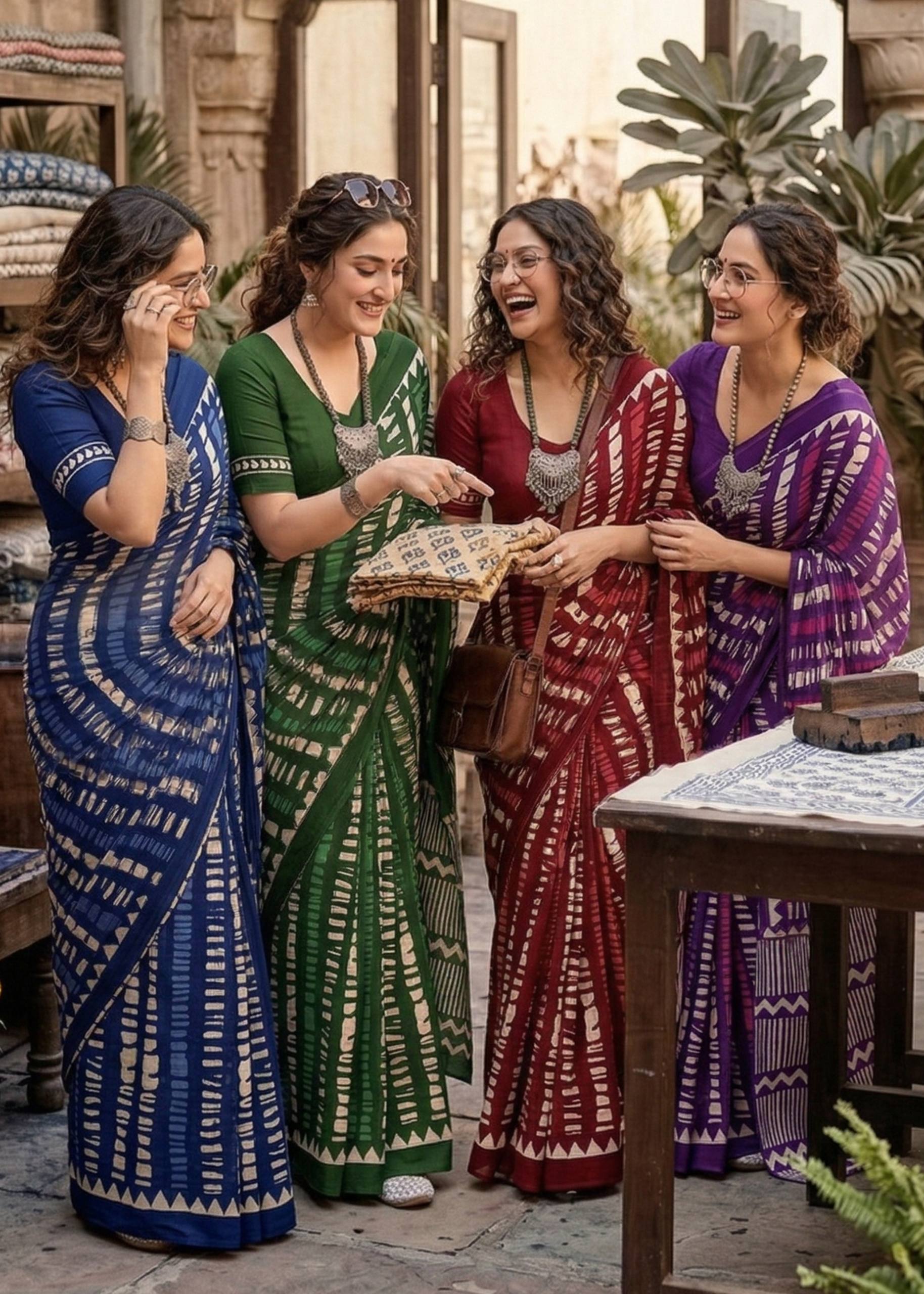PURE MULMUL COTTON MODERN GEOMETRIC BATIK PRINT GREEN SAREE WITH BLOUSE