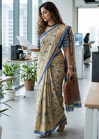 PURE MULMUL COTTON AJRAKH PRINT BLUE SAREE WITH BLOUSE