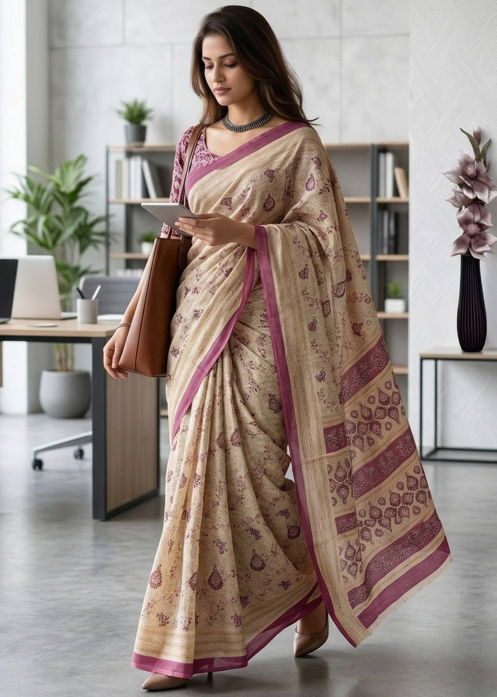 PURE MULMUL COTTON AJRAKH PRINT PINK SAREE WITH BLOUSE
