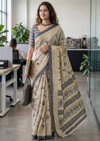 PURE MULMUL COTTON AJRAKH PRINT GREY SAREE WITH BLOUSE