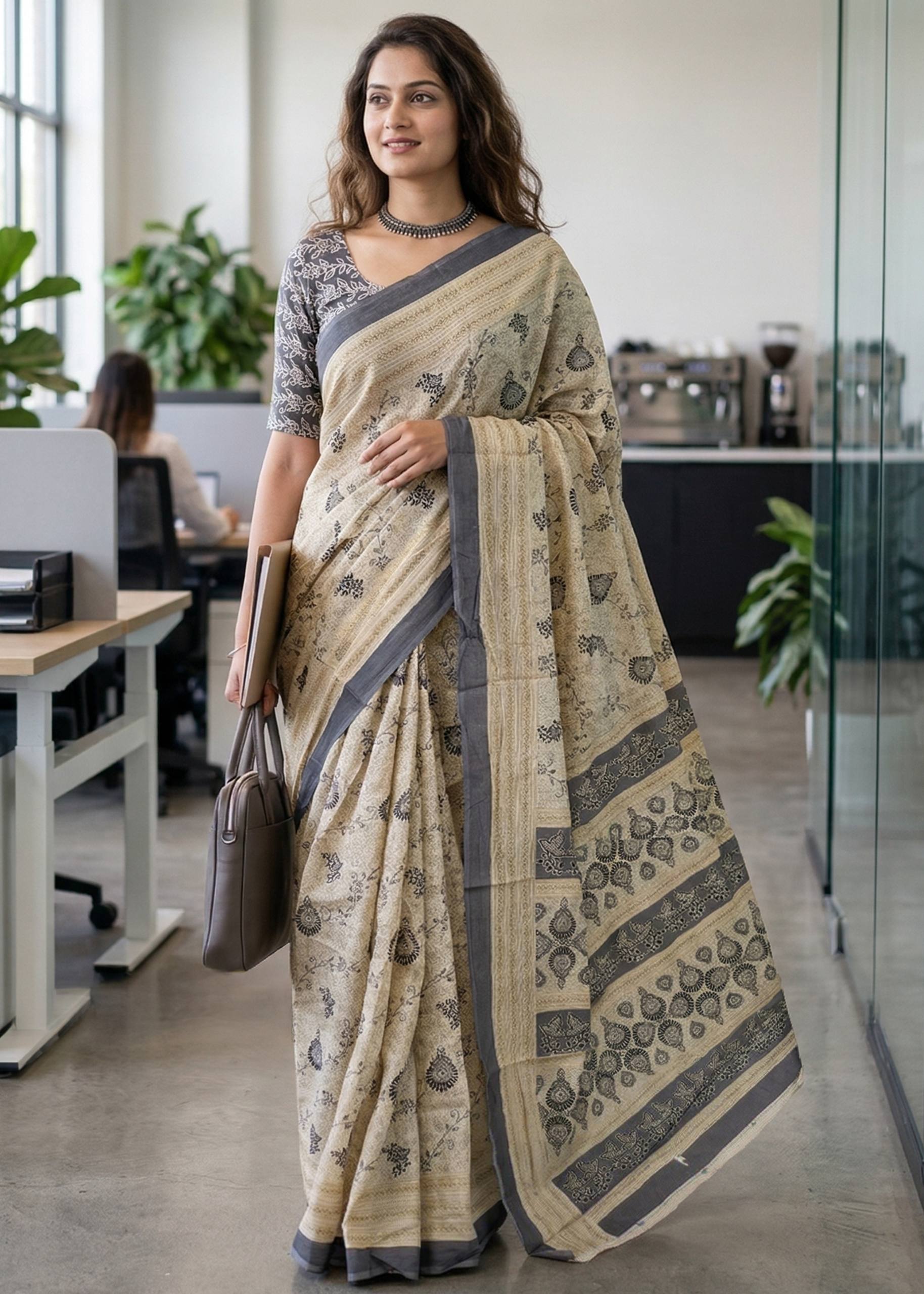 PURE MULMUL COTTON AJRAKH PRINT GREY SAREE WITH BLOUSE