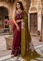 PURE MULMUL COTTON FANCY HAND BLOCK PRINT MAROON SAREE WITH BLOUSE