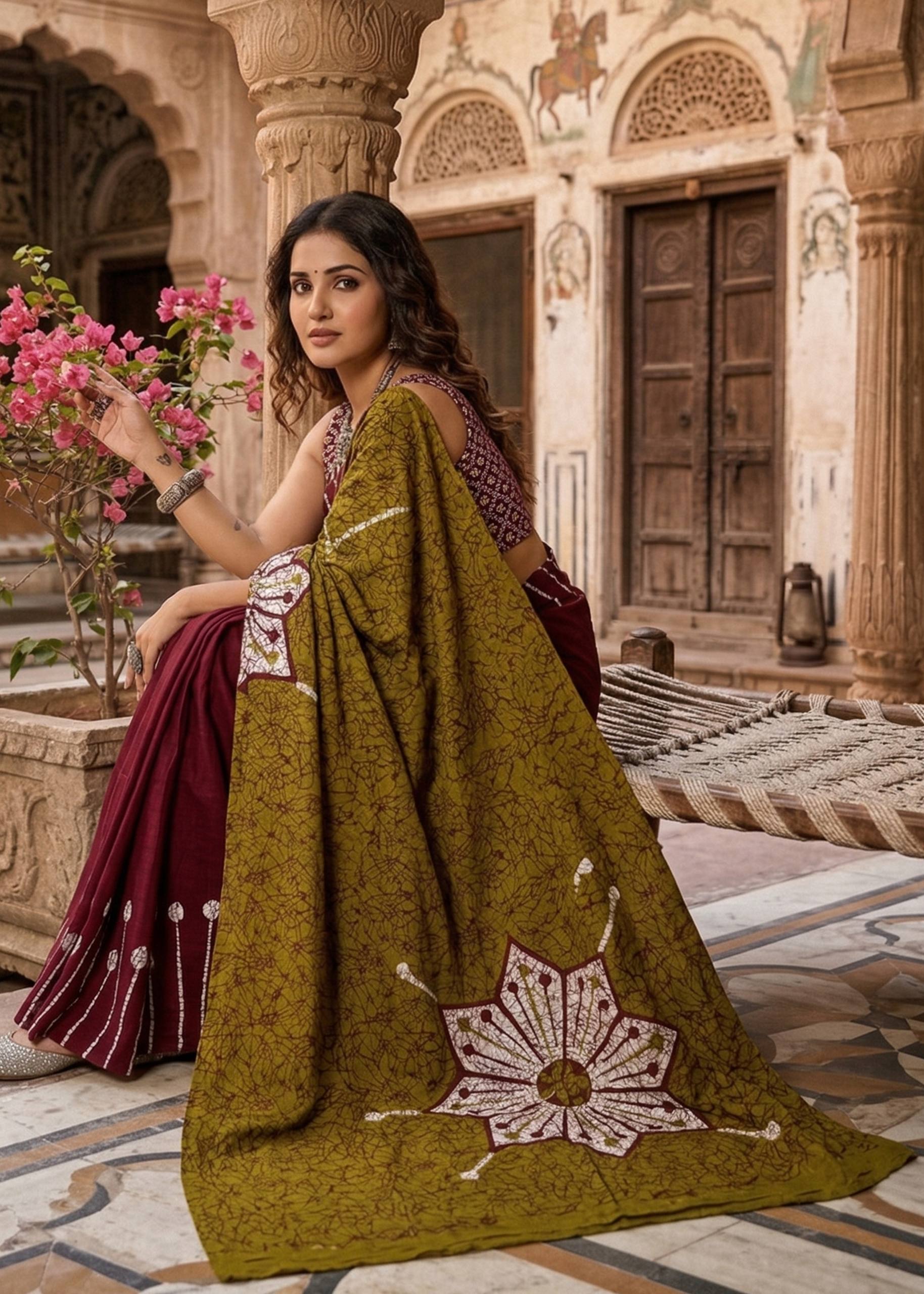 PURE MULMUL COTTON FANCY HAND BLOCK PRINT MAROON SAREE WITH BLOUSE