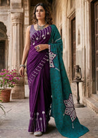 PURE MULMUL COTTON FANCY HAND BLOCK PRINT PURPLE SAREE WITH BLOUSE