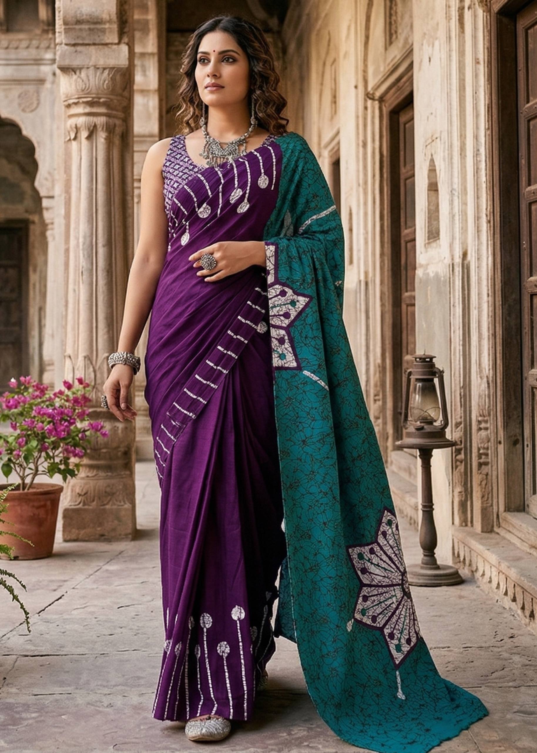 PURE MULMUL COTTON FANCY HAND BLOCK PRINT PURPLE SAREE WITH BLOUSE
