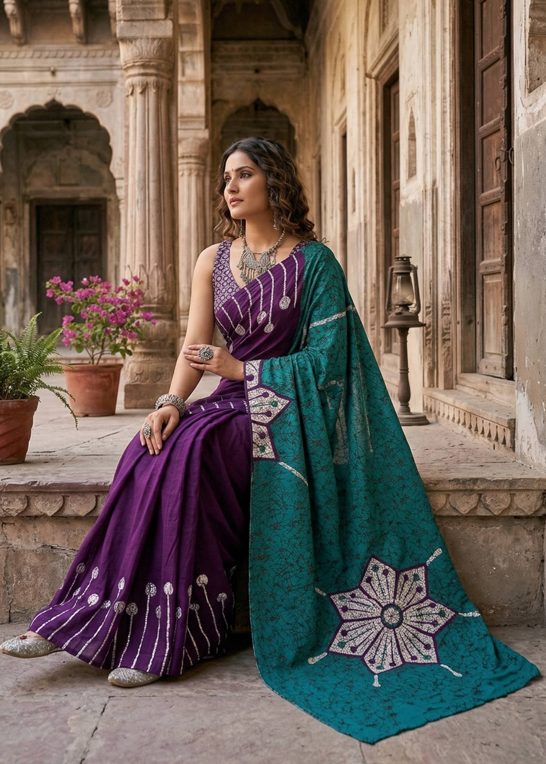 PURE MULMUL COTTON FANCY HAND BLOCK PRINT PURPLE SAREE WITH BLOUSE
