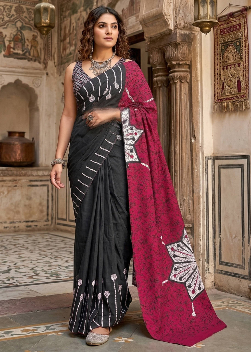 PURE MULMUL COTTON FANCY HAND BLOCK PRINT BLACK SAREE WITH BLOUSE