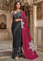 PURE MULMUL COTTON FANCY HAND BLOCK PRINT BLACK SAREE WITH BLOUSE