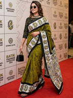 PURE SOFT MULMUL COTTON HAND BATIK STYLE MEHANDI GREEN SAREE WITH BLOUSE