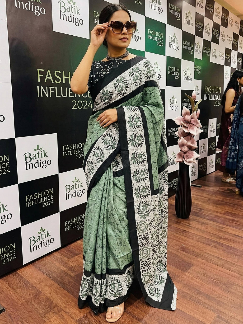PURE SOFT MULMUL COTTON HAND BATIK STYLE PISTA GREEN SAREE WITH BLOUSE