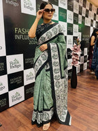 PURE SOFT MULMUL COTTON HAND BATIK STYLE PISTA GREEN SAREE WITH BLOUSE