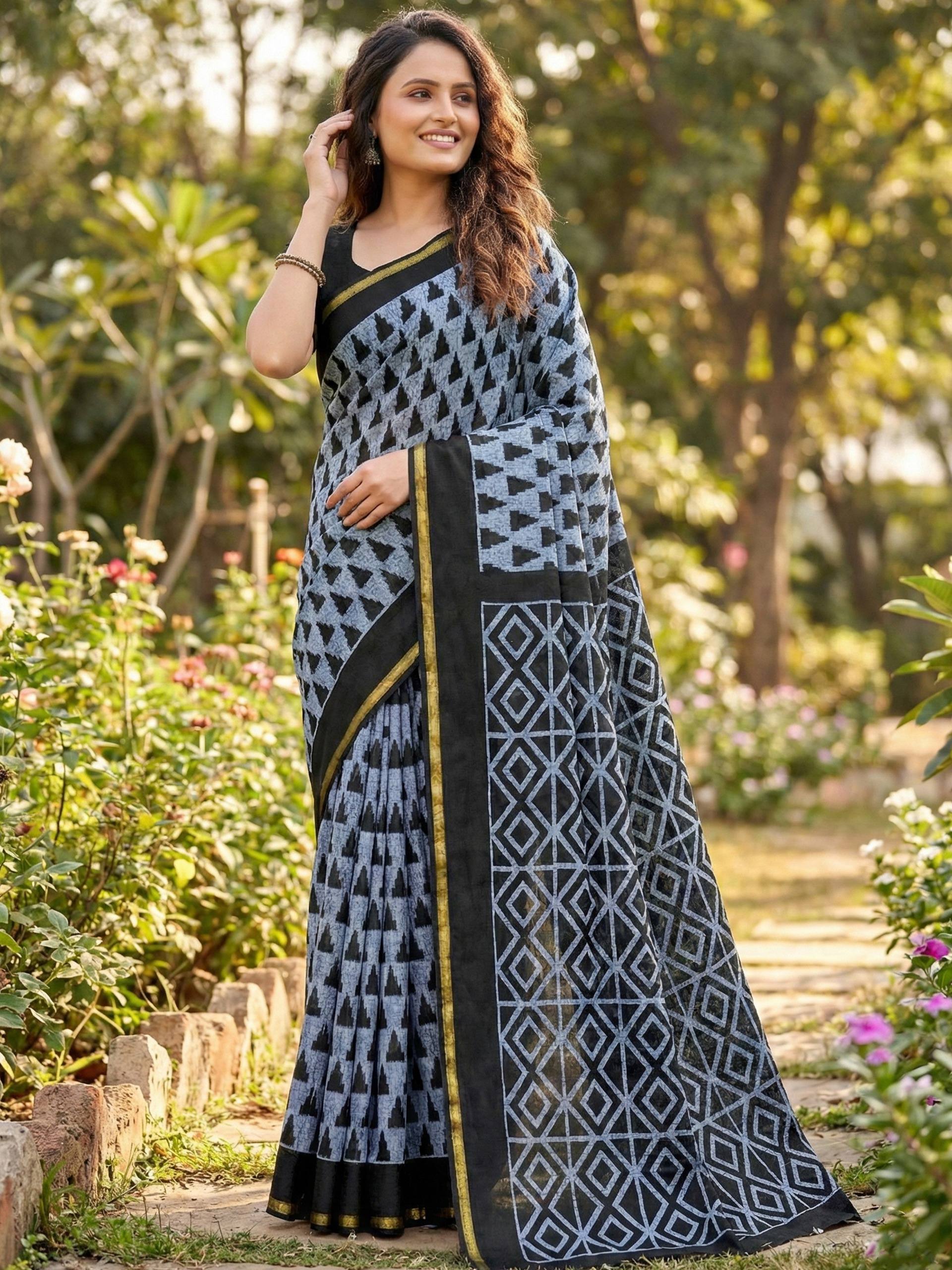 BAGRU BLOCK PRINT SOFT MASLIN COTTON WITH ZARI BORDER GREY SAREE WITH BLOUSE