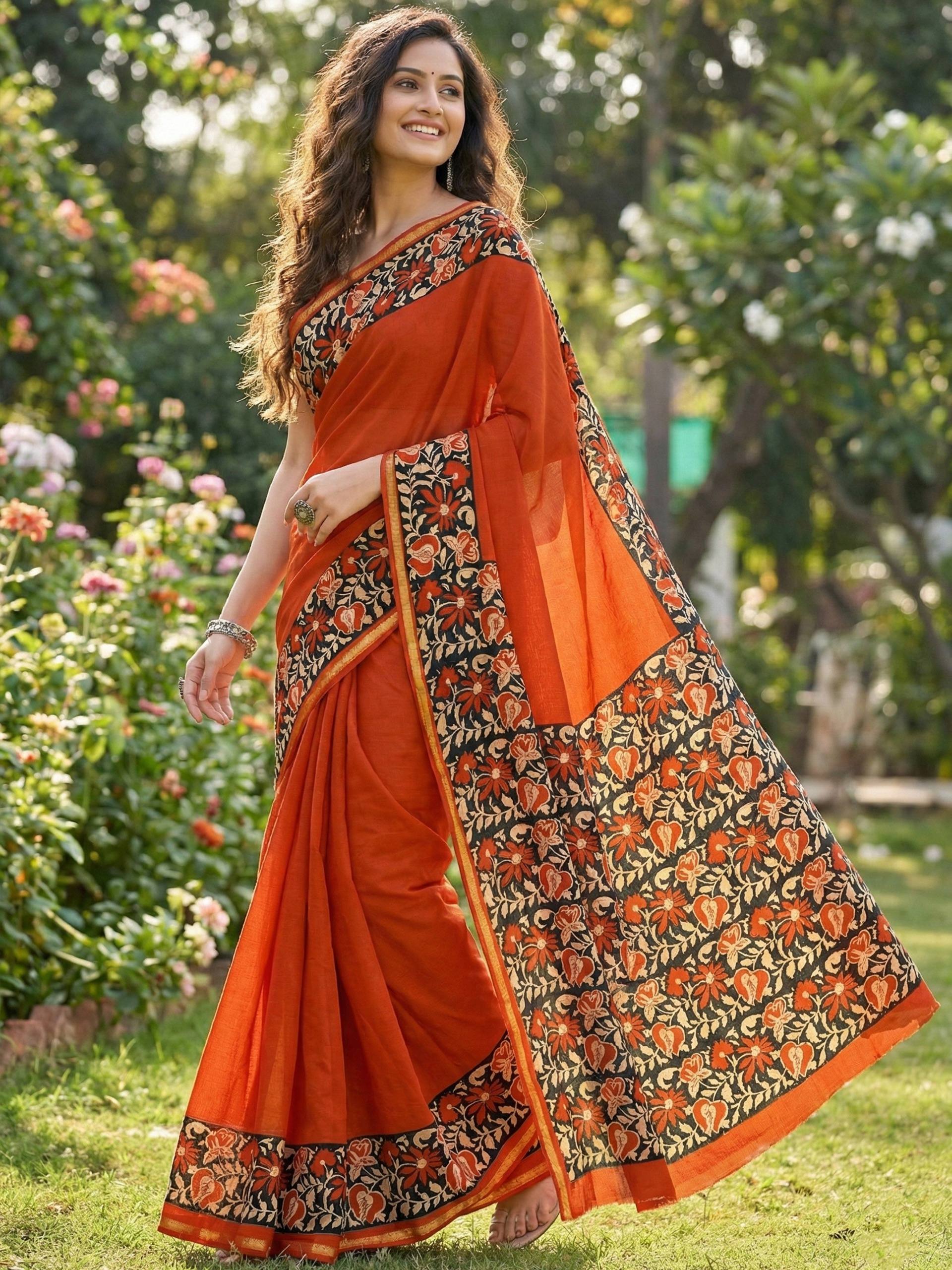BAGRU BLOCK PRINT SOFT MASLIN COTTON WITH ZARI BORDER ORANGE SAREE WITH BLOUSE