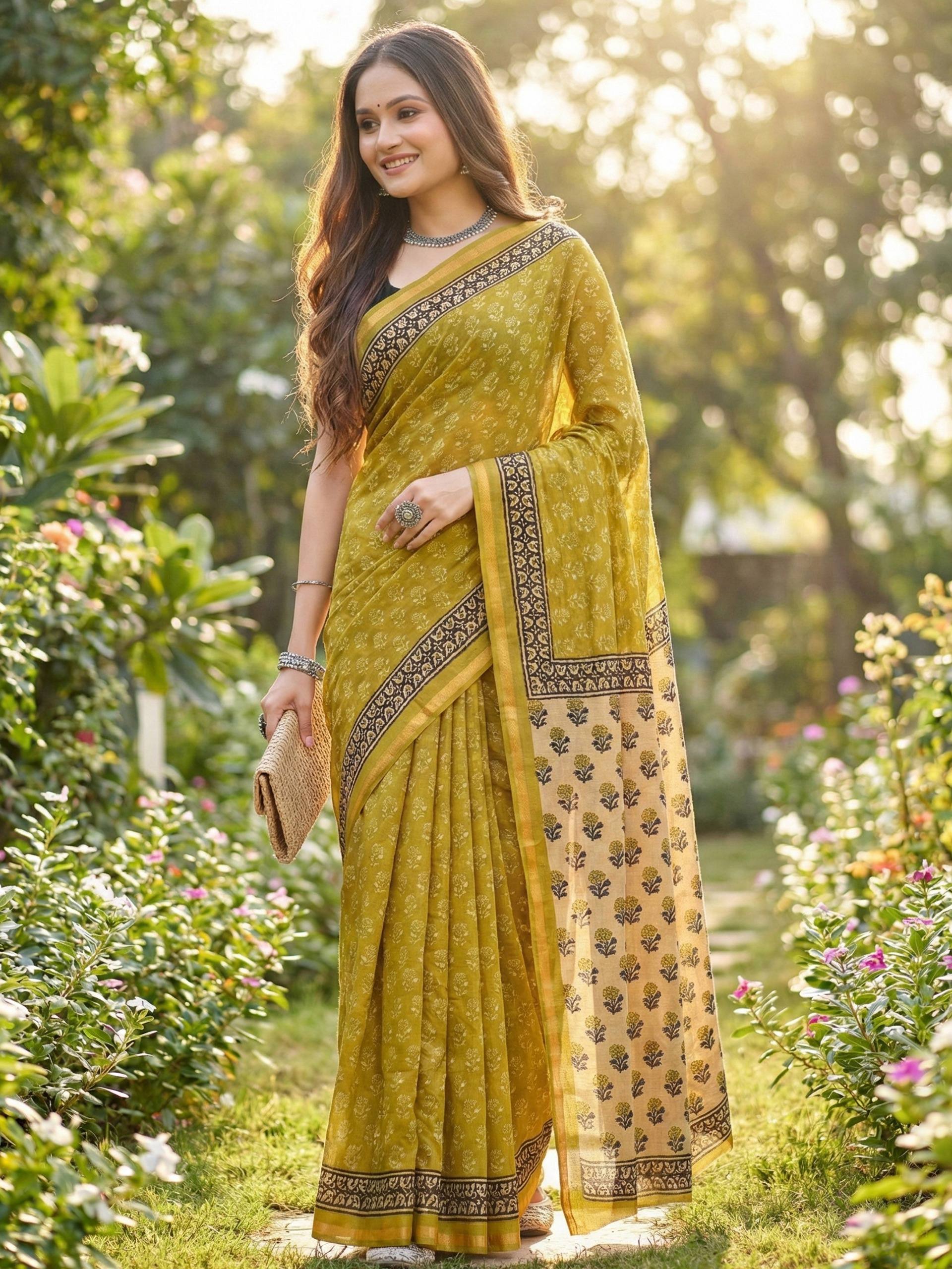 BAGRU BLOCK PRINT SOFT MASLIN COTTON WITH ZARI BORDER MEHANDI GREEN SAREE WITH BLOUSE