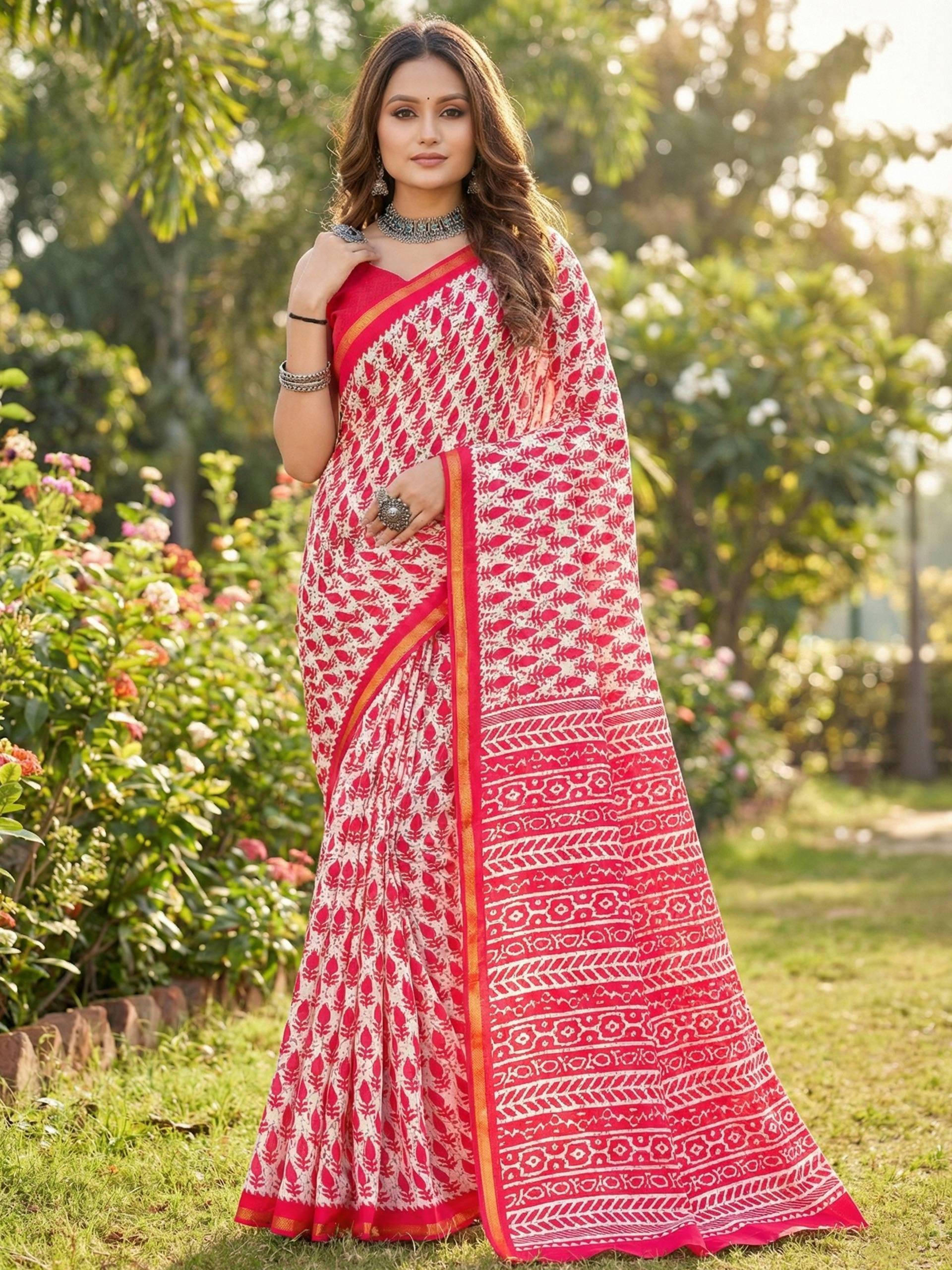 BAGRU BLOCK PRINT SOFT MASLIN COTTON WITH ZARI BORDER PINK SAREE WITH BLOUSE