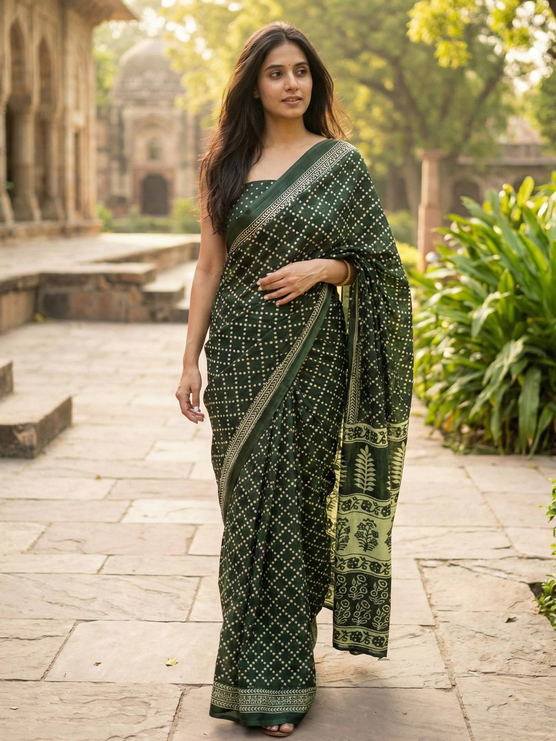 PURE SOFT MULMUL COTTON HAND BLOCK PRINT GREEN SAREE WITH BLOUSE