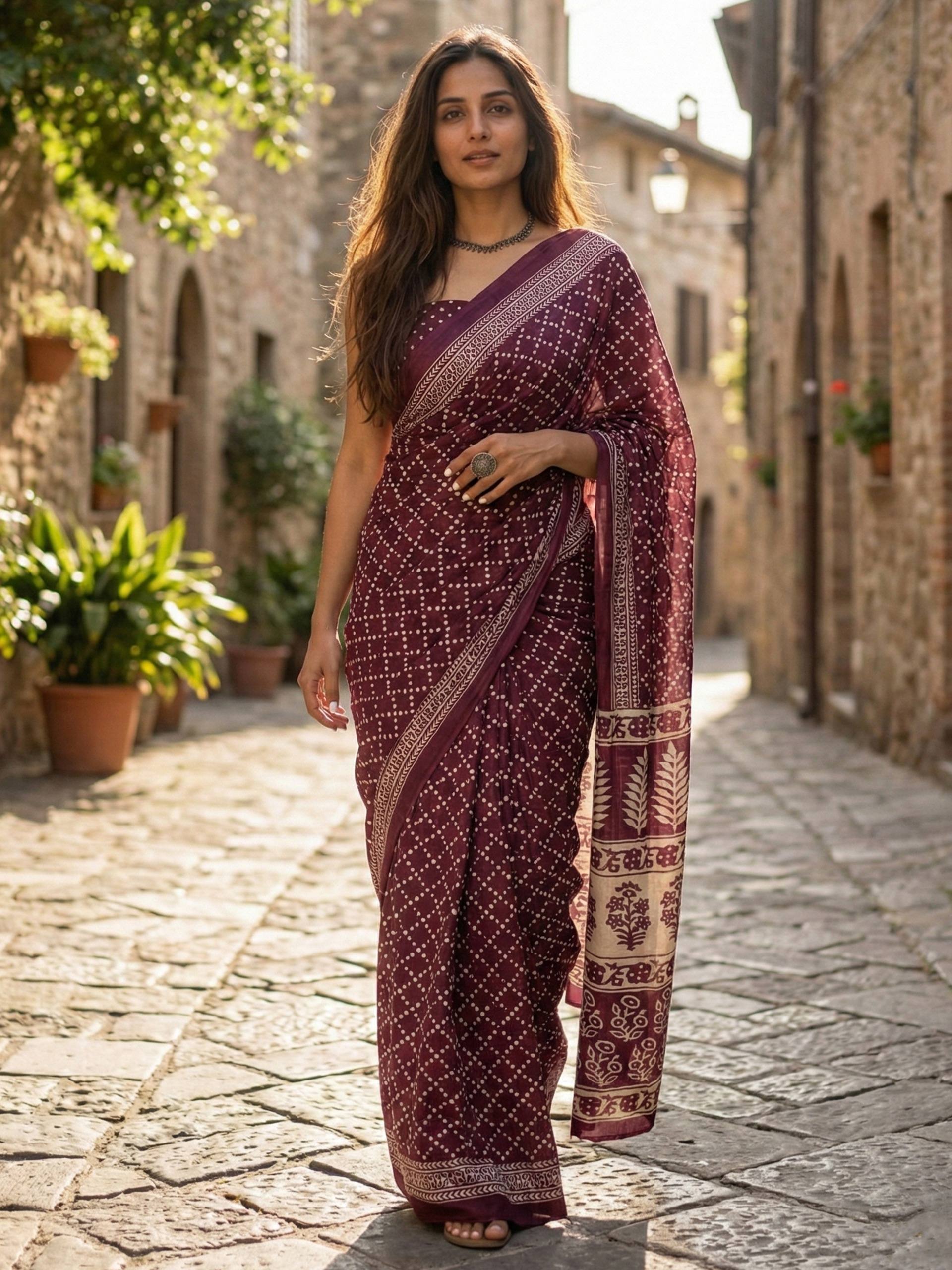 PURE SOFT MULMUL COTTON HAND BLOCK PRINT PURPLE SAREE WITH BLOUSE