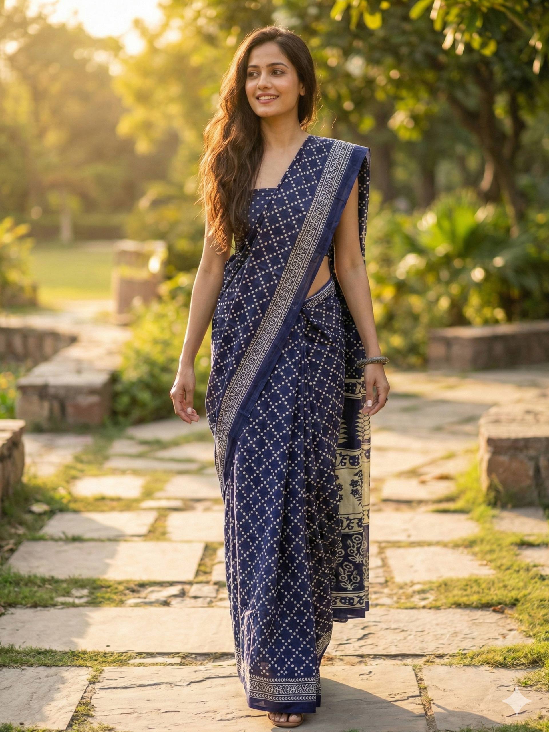 PURE SOFT MULMUL COTTON HAND BLOCK PRINT NEVY BLUE SAREE WITH BLOUSE