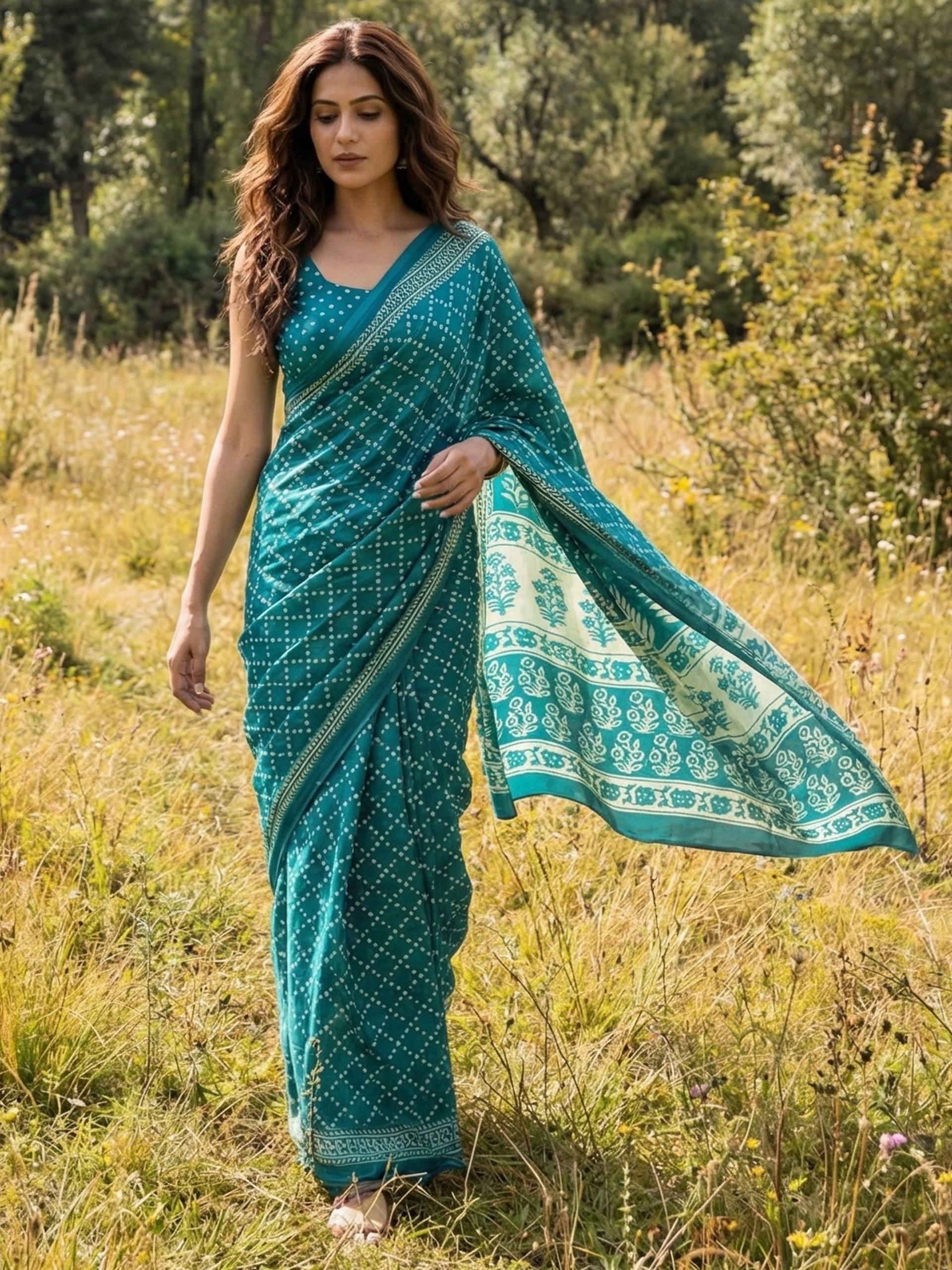 PURE SOFT MULMUL COTTON HAND BLOCK PRINT TEAL SAREE WITH BLOUSE