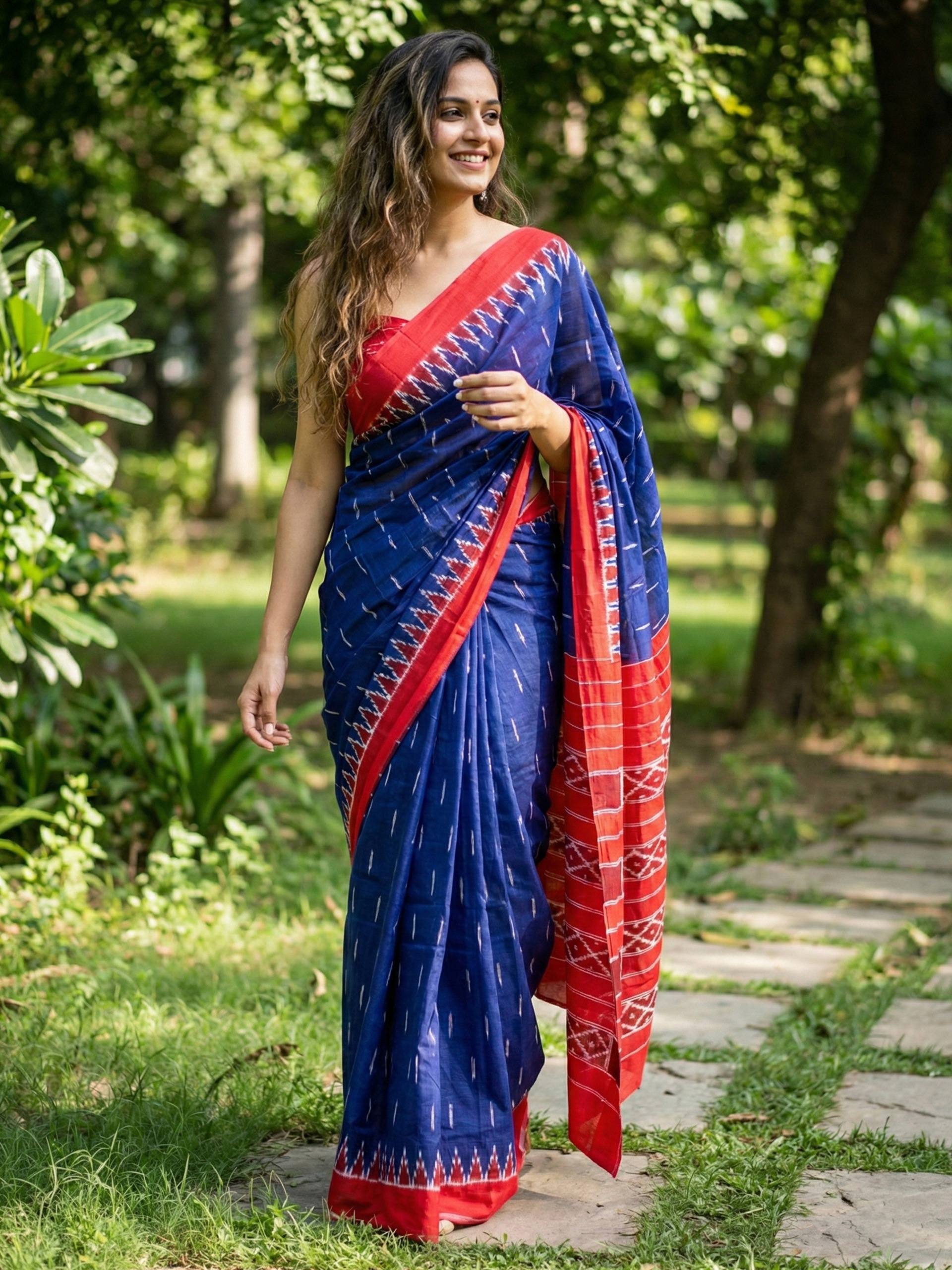 PURE SOFT MULMUL COTTON HAND BLOCK PRINT BLUE SAREE WITH BLOUSE