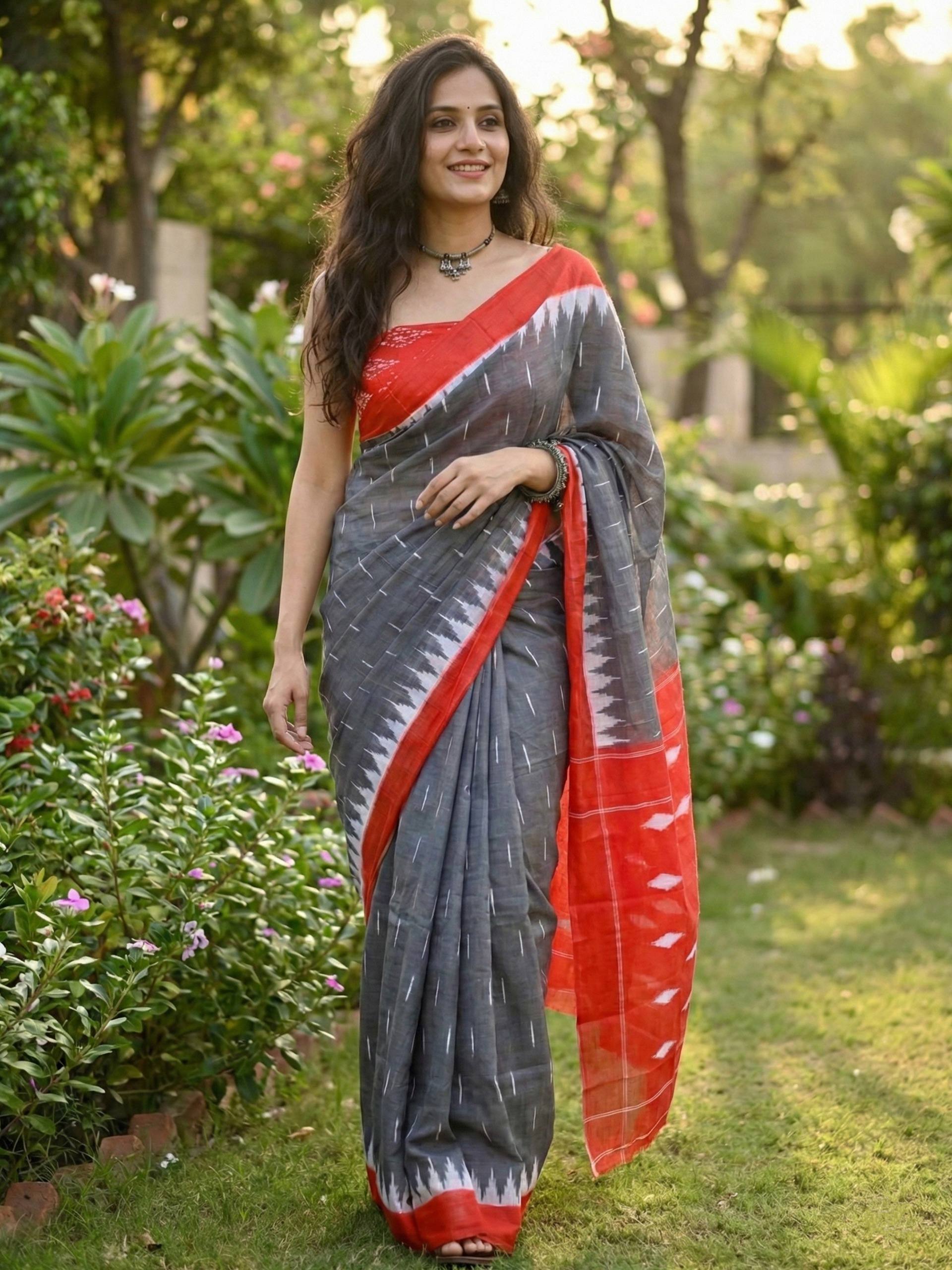 PURE SOFT MULMUL COTTON HAND BLOCK PRINT GREY SAREE WITH BLOUSE