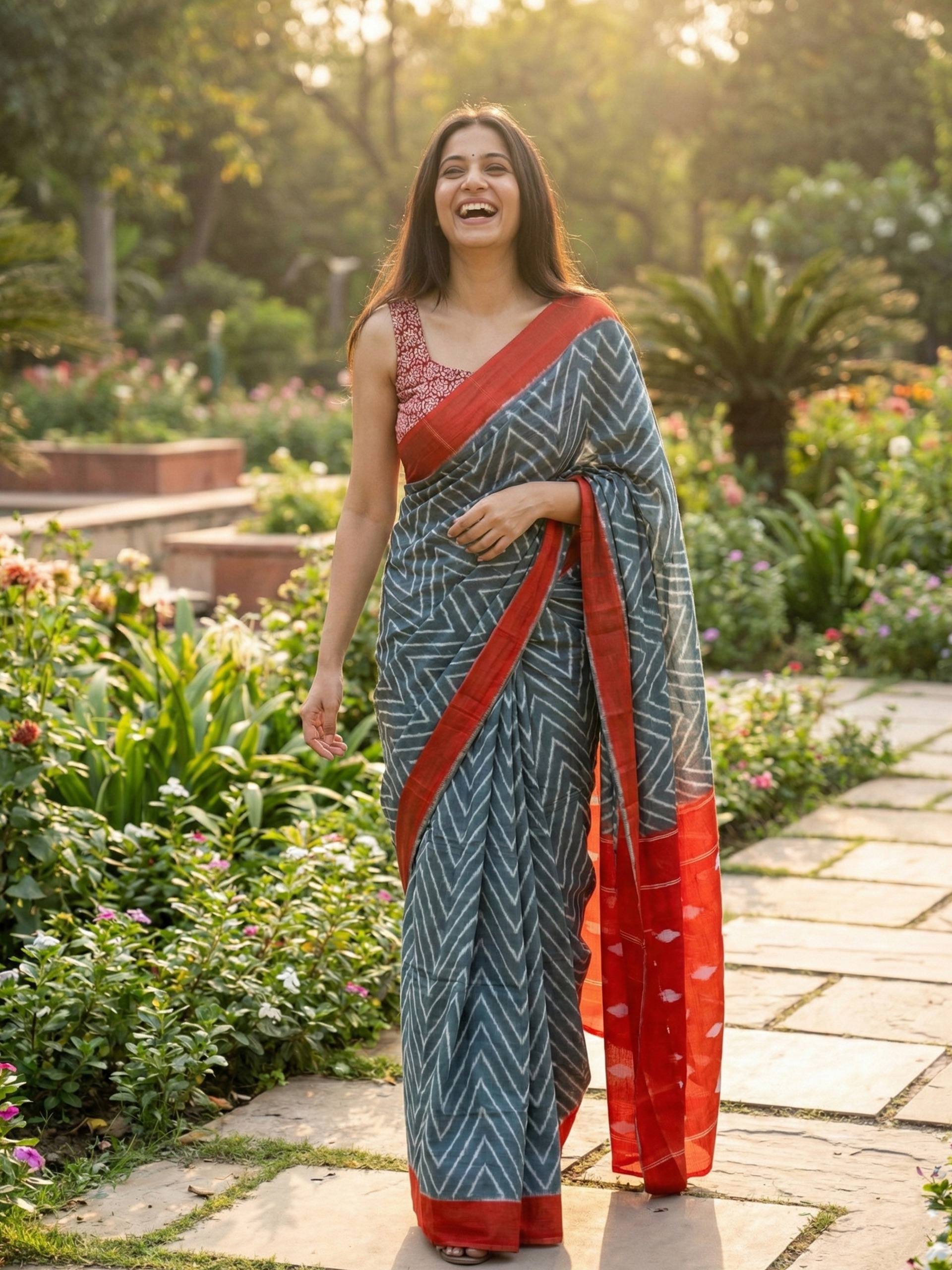 PURE SOFT MULMUL COTTON HAND BLOCK PRINT GREY AND ORANGE SAREE WITH BLOUSE
