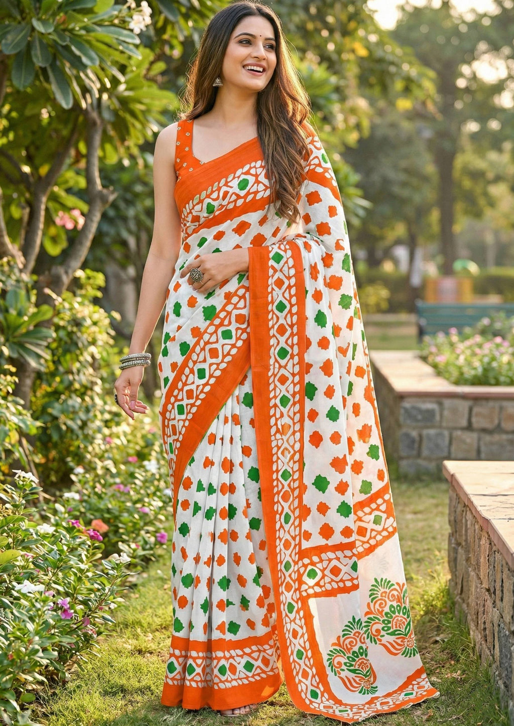 PURE SOFT COTTON BLOCK PRINT ORANGE SAREE WITH BLOUSE