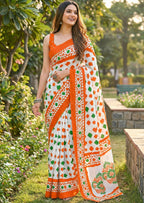 PURE SOFT COTTON BLOCK PRINT ORANGE SAREE WITH BLOUSE