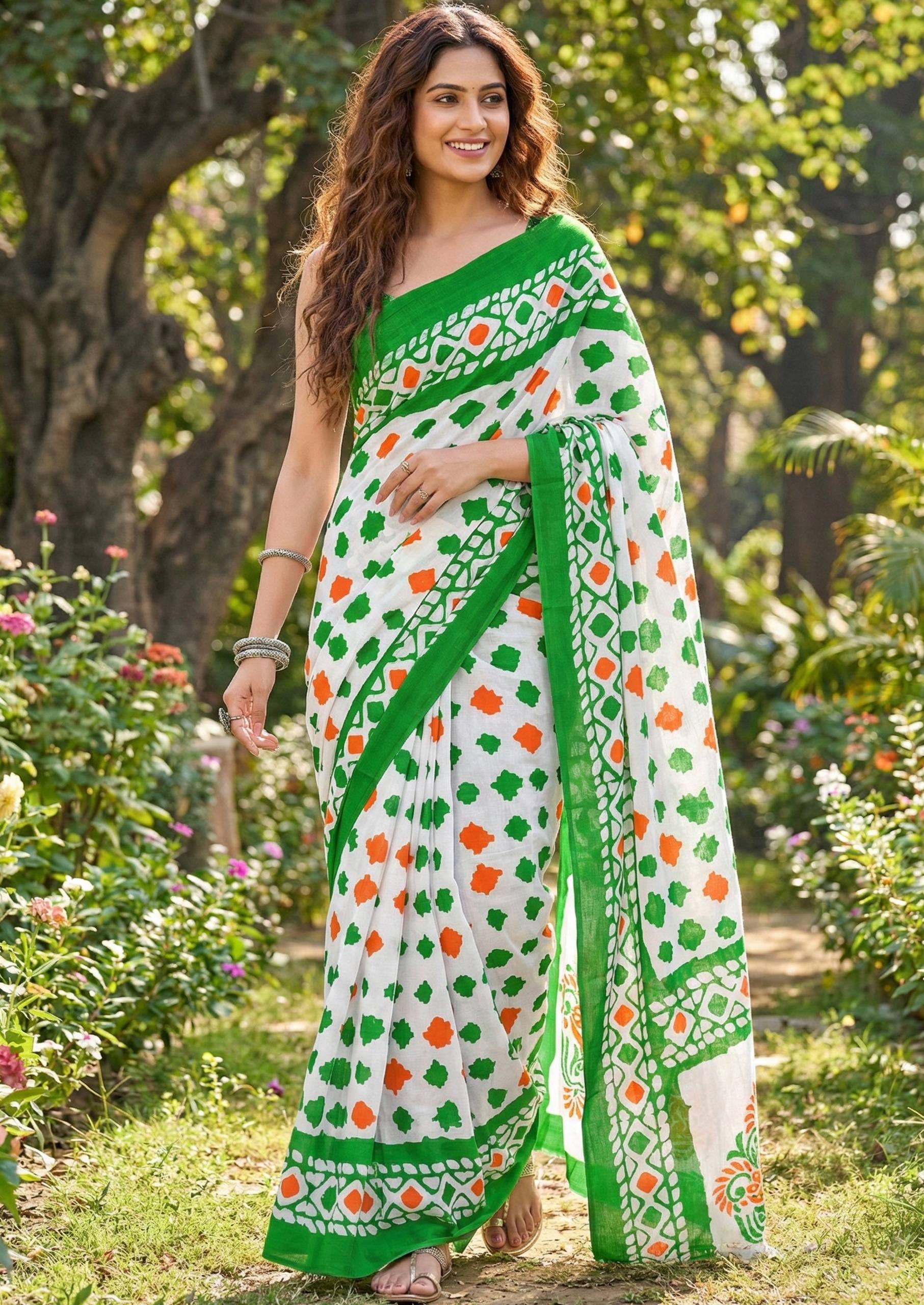 PURE SOFT COTTON BLOCK PRINT GREEN SAREE WITH BLOUSE