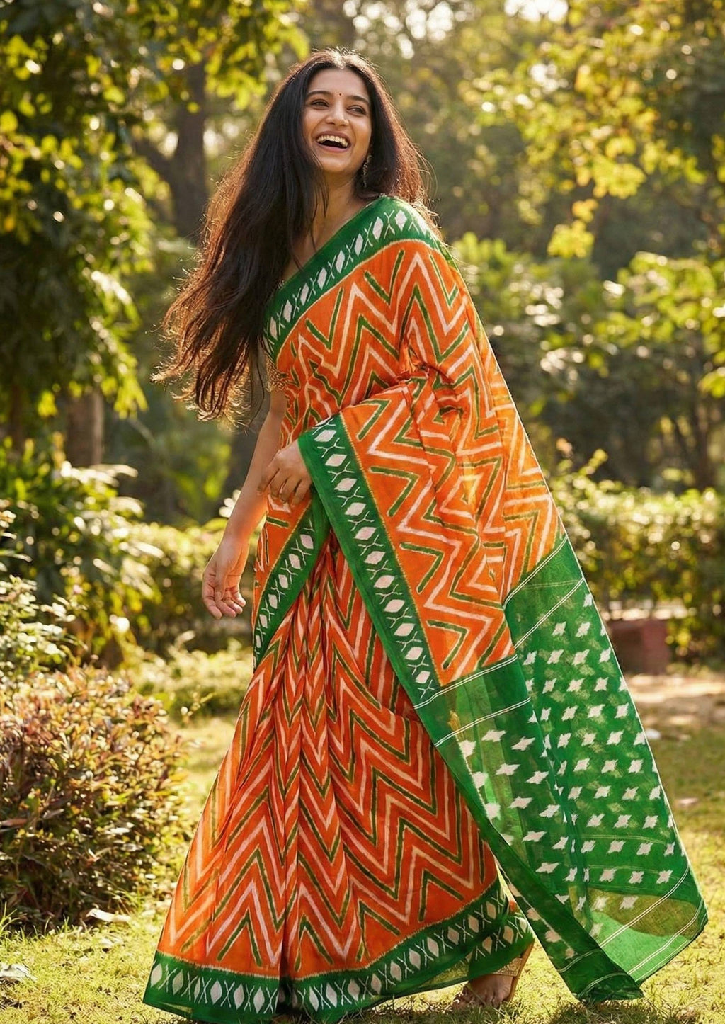 PURE SOFT COTTON BLOCK PRINT RUST ORANGE SAREE WITH BLOUSE