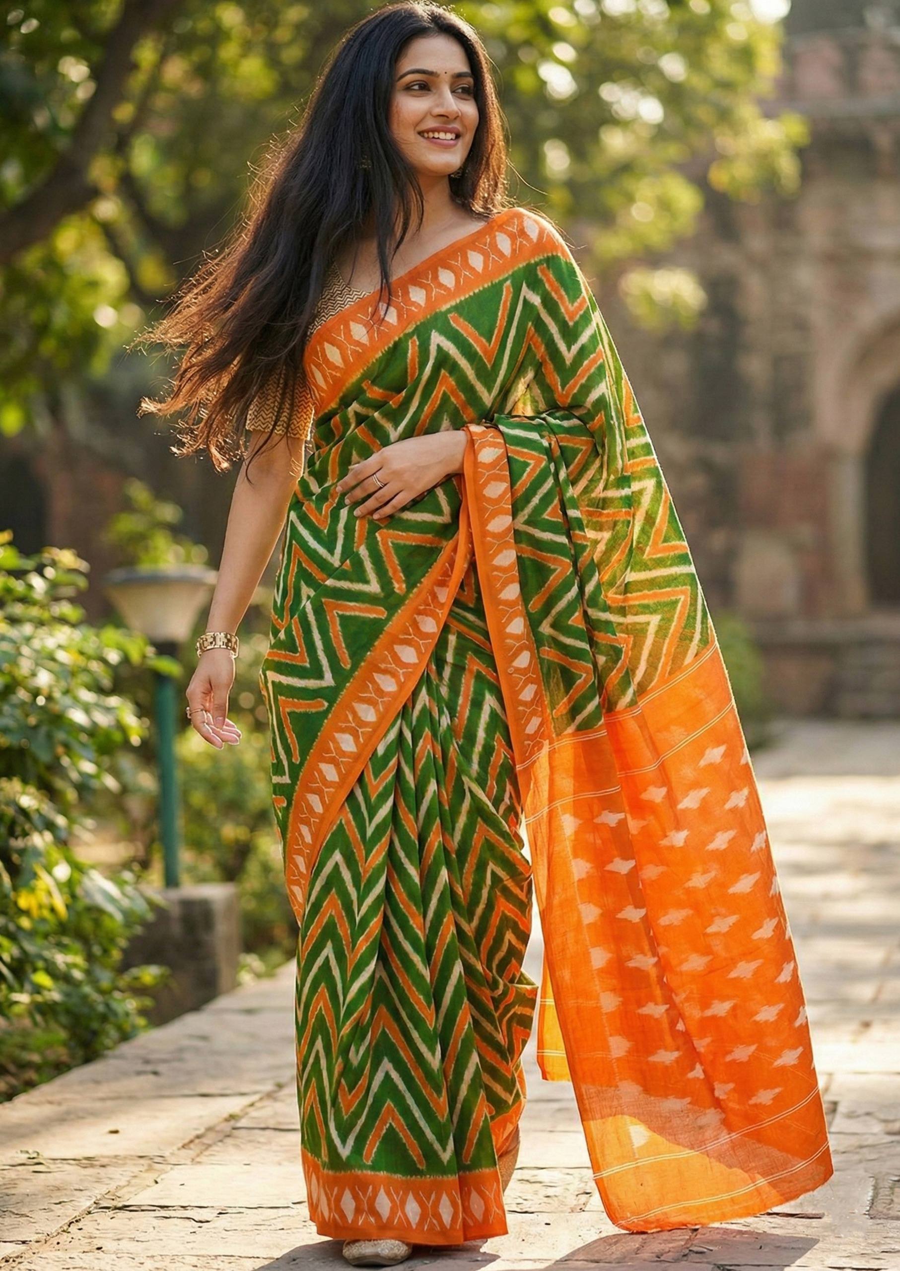 PURE SOFT COTTON BLOCK PRINT MEHANDI GREEN SAREE WITH BLOUSE