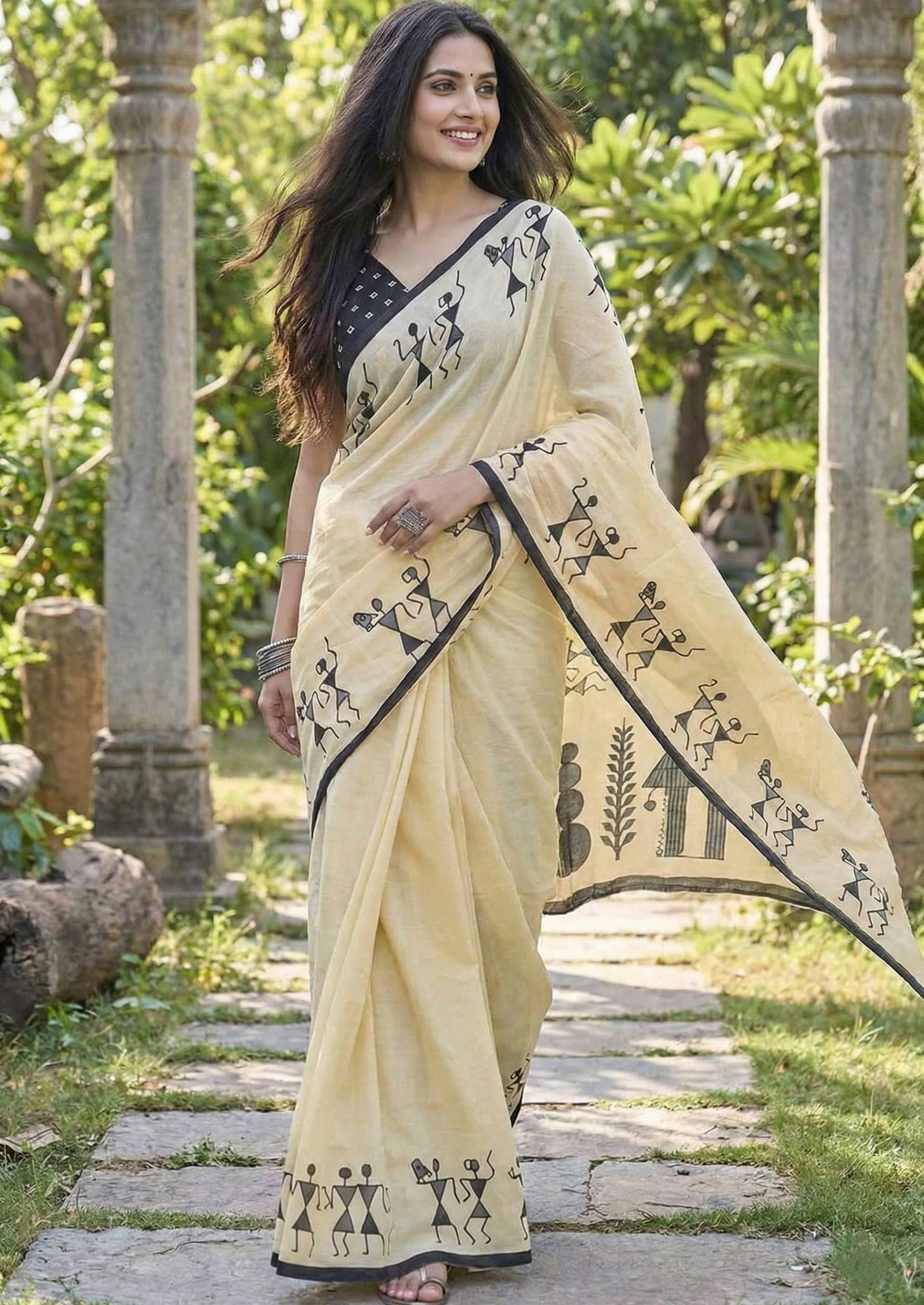 PURE SOFT COTTON JAIPURI BLOCK PRINT CREAME SAREE WITH BLOUSE