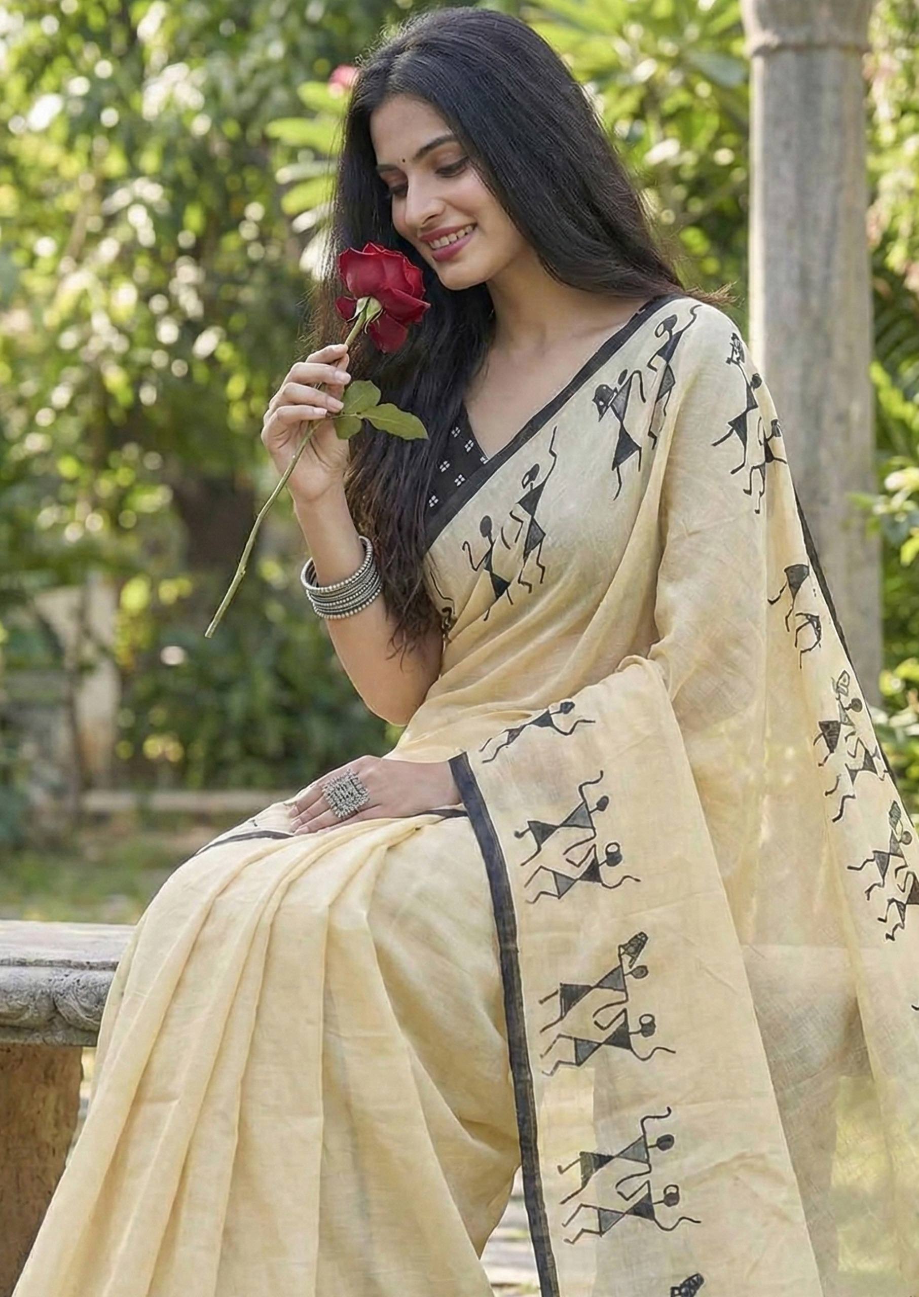 PURE SOFT COTTON JAIPURI BLOCK PRINT CREAME SAREE WITH BLOUSE