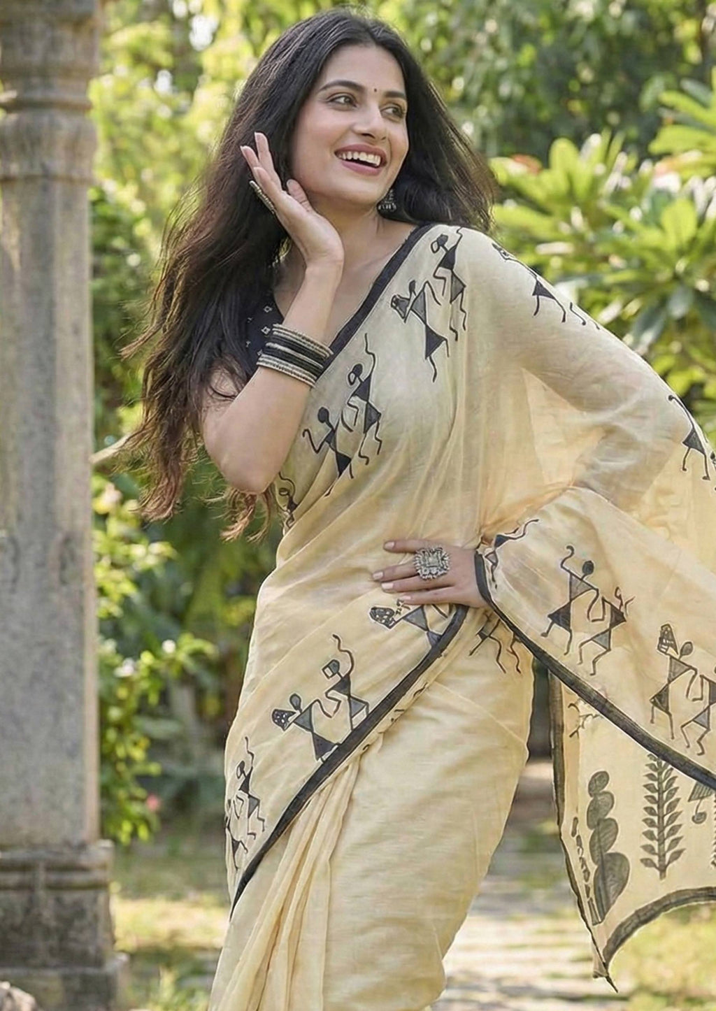 PURE SOFT COTTON JAIPURI BLOCK PRINT CREAME SAREE WITH BLOUSE