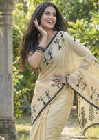 PURE SOFT COTTON JAIPURI BLOCK PRINT CREAME SAREE WITH BLOUSE