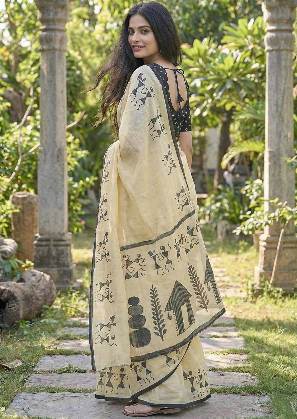 PURE SOFT COTTON JAIPURI BLOCK PRINT CREAME SAREE WITH BLOUSE