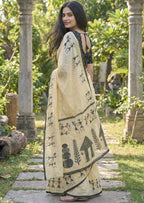 PURE SOFT COTTON JAIPURI BLOCK PRINT CREAME SAREE WITH BLOUSE