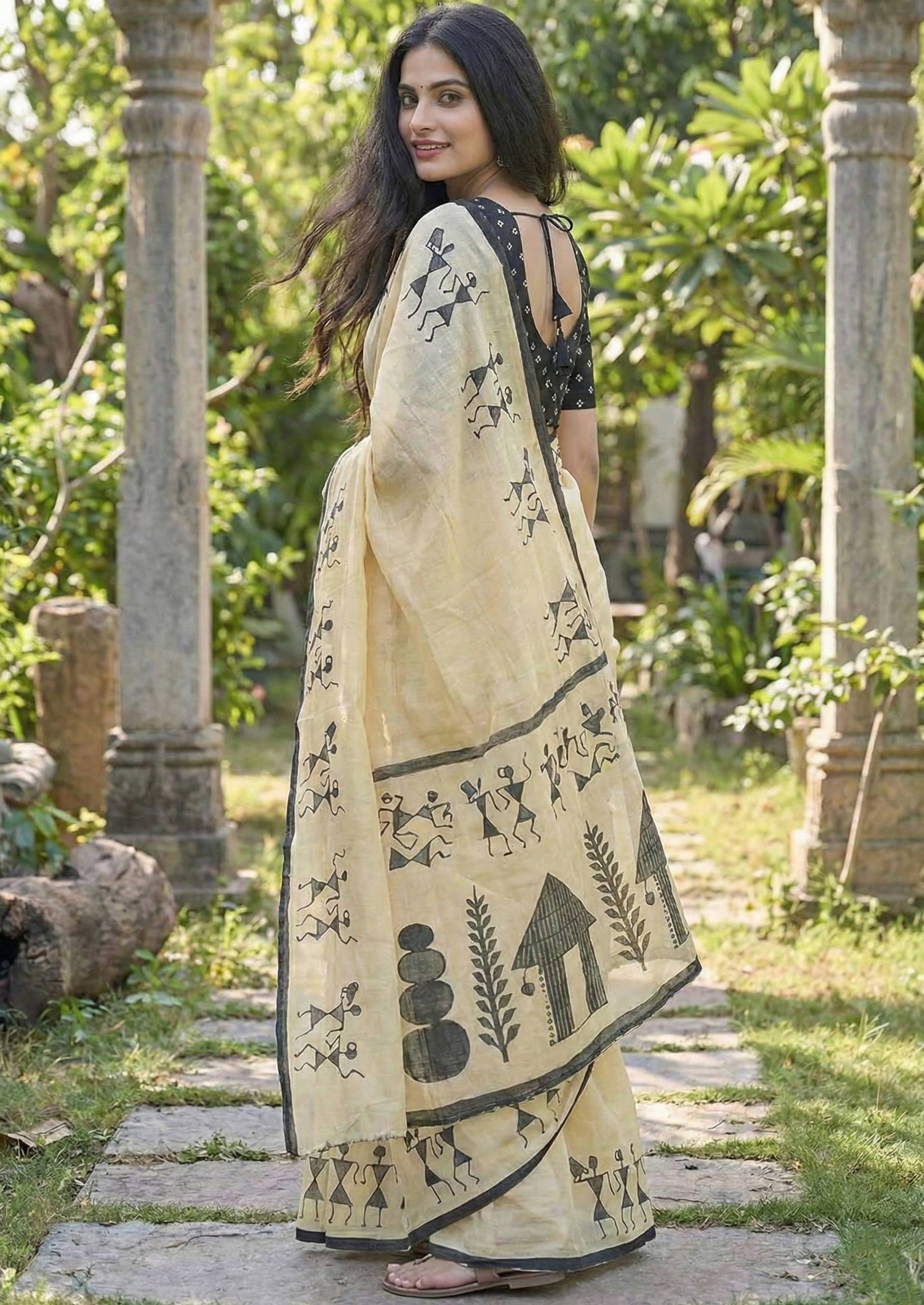 PURE SOFT COTTON JAIPURI BLOCK PRINT CREAME SAREE WITH BLOUSE