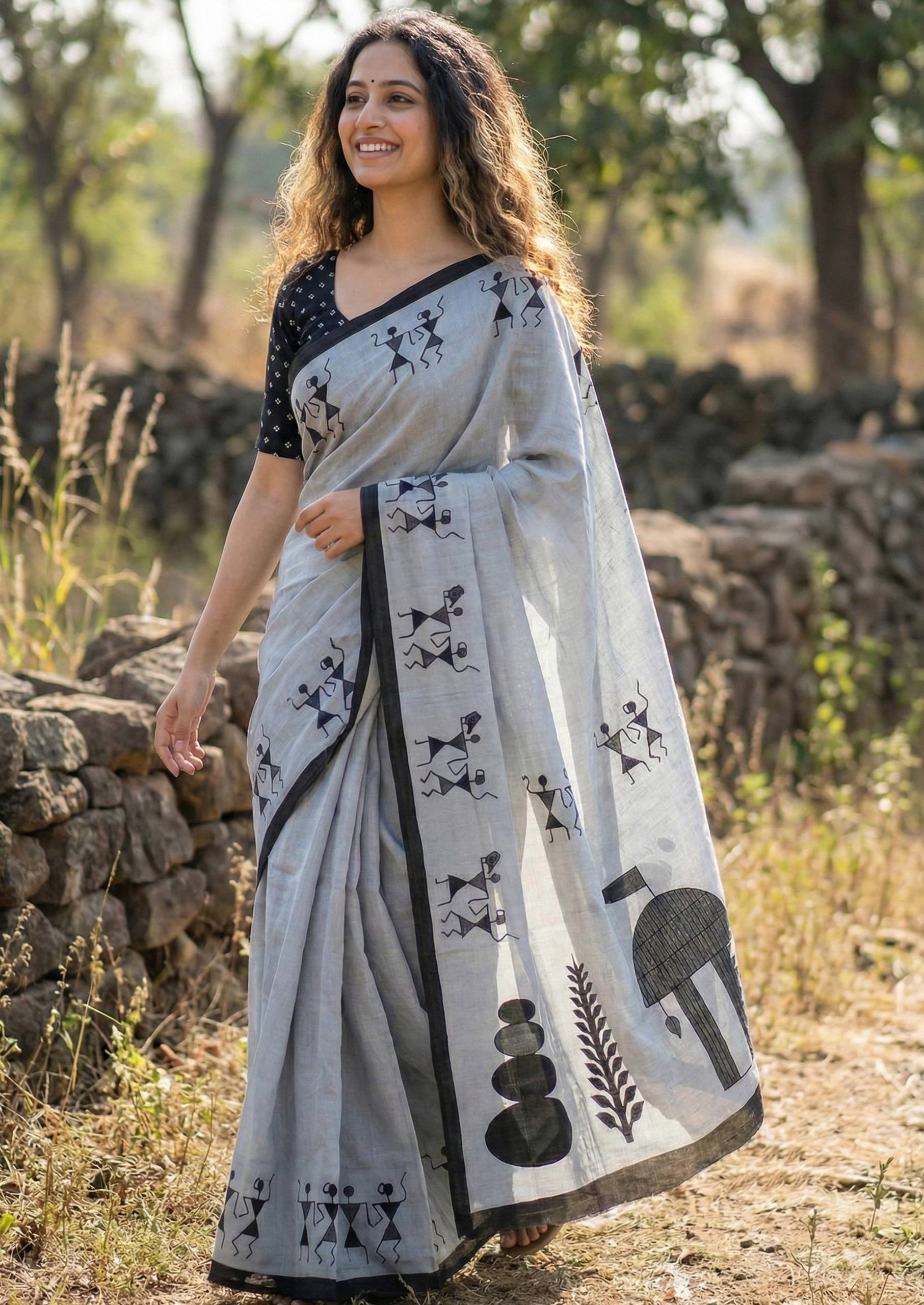 PURE SOFT COTTON JAIPURI BLOCK PRINT GREY SAREE WITH BLOUSE