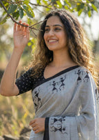 PURE SOFT COTTON JAIPURI BLOCK PRINT GREY SAREE WITH BLOUSE